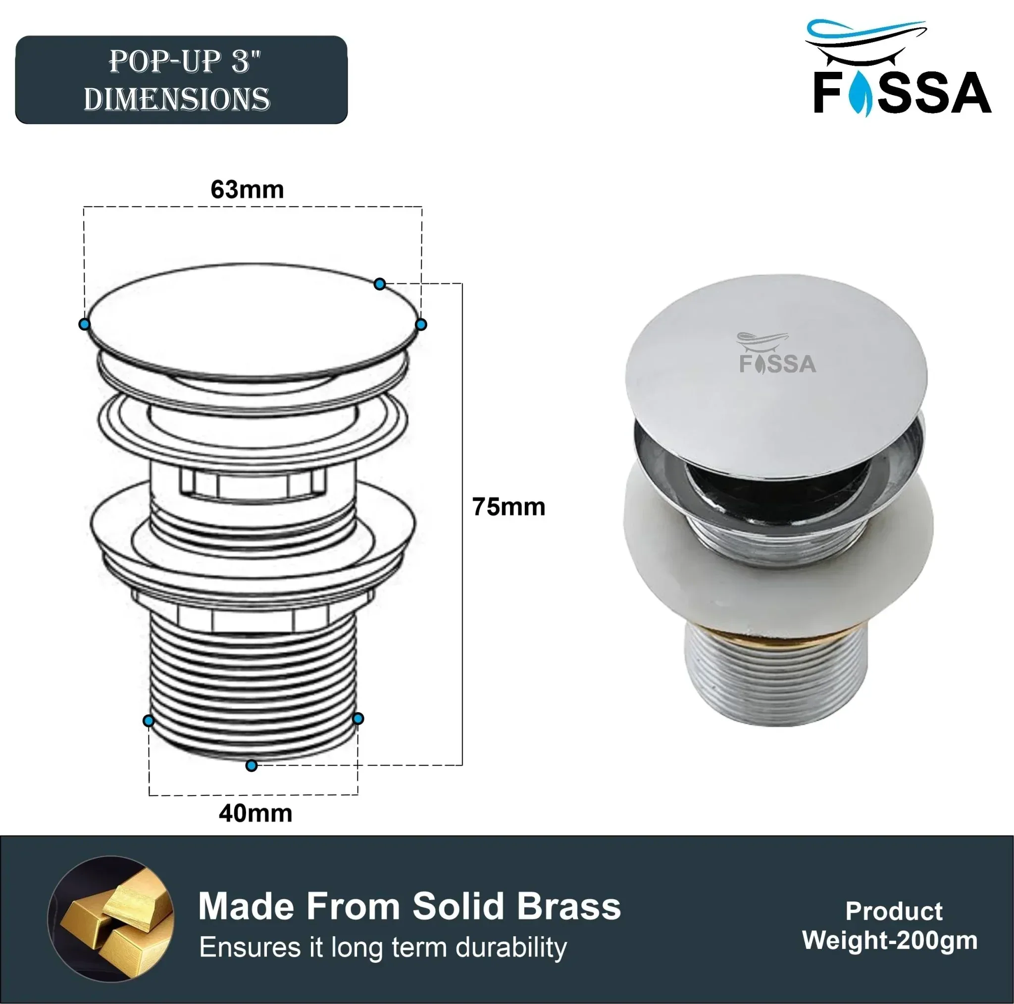 3 Inch silver finish-Brass Pop Up Waste Coupling - Image 2