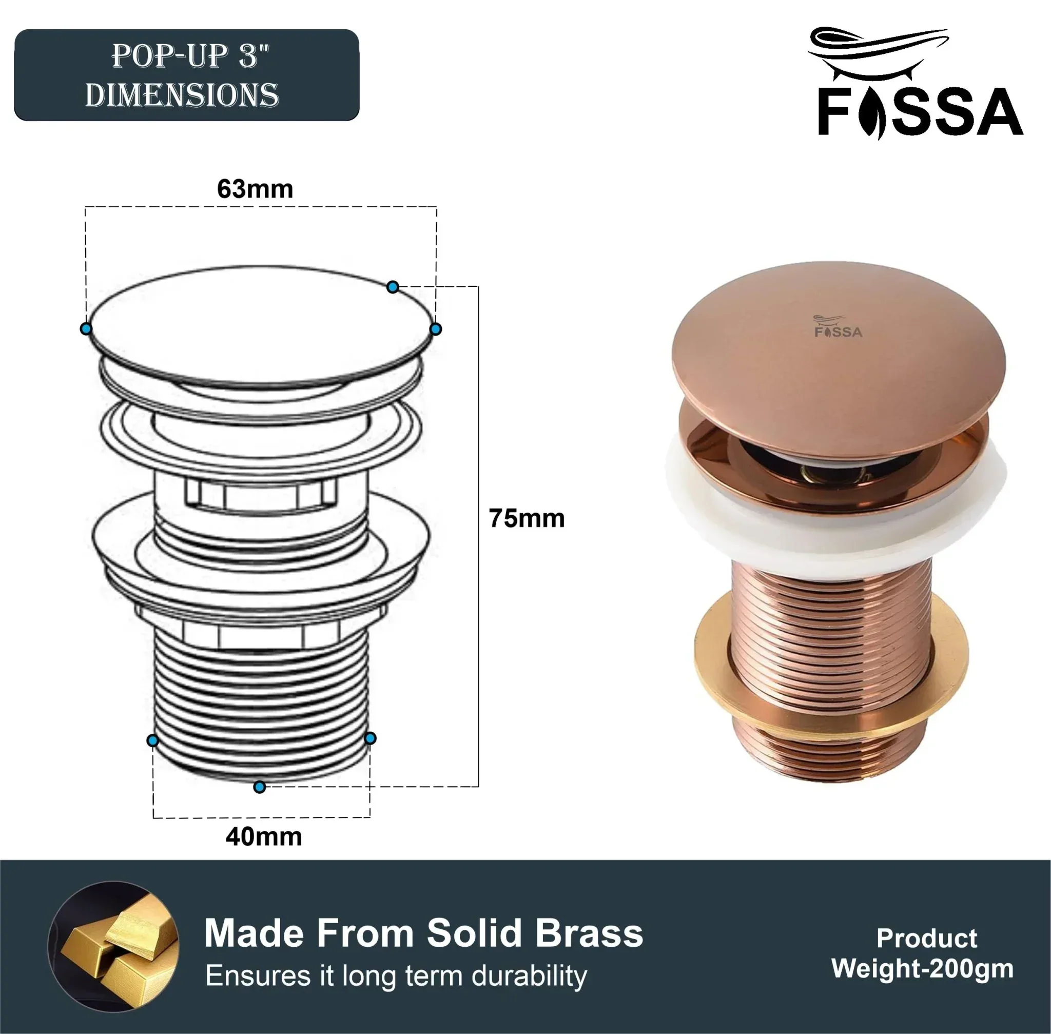 3 Inch Rose Gold Brass Pop Up Waste Coupling - Image 2