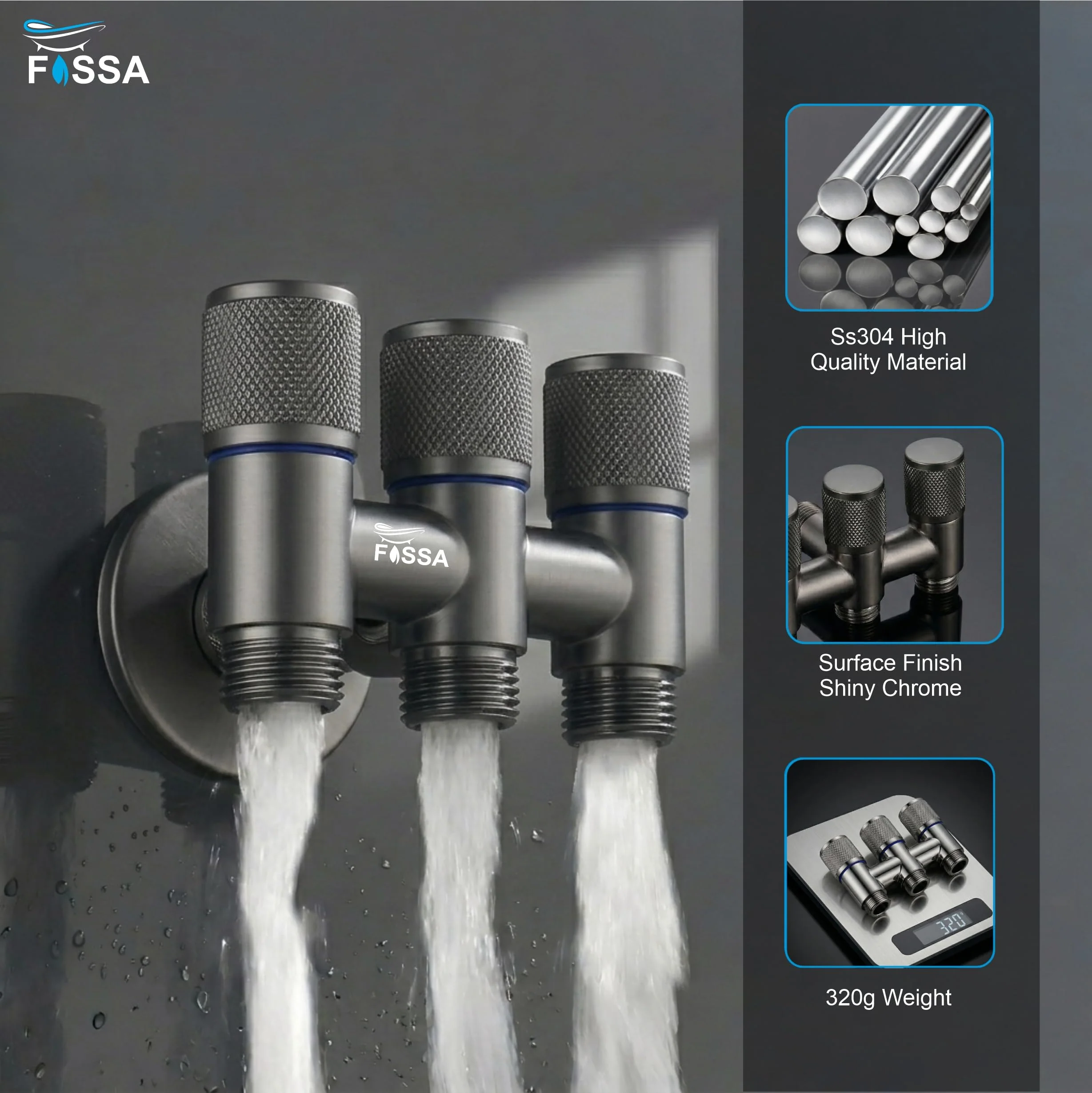 Curio 3 Way Grey  Laundry Faucet Stainless Steel Angle Valve Without Nozzle - Image 5