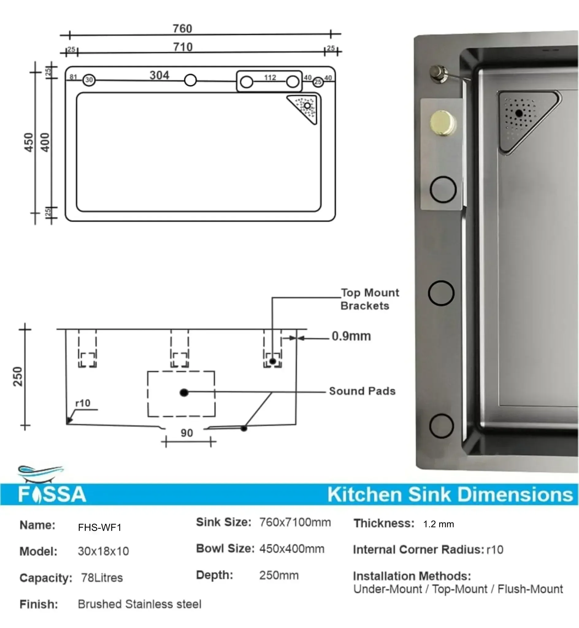 Smart Waterfall (30 x 18 x 10) Inch 304 Stainless Steel Kitchen Sink Black - Image 2