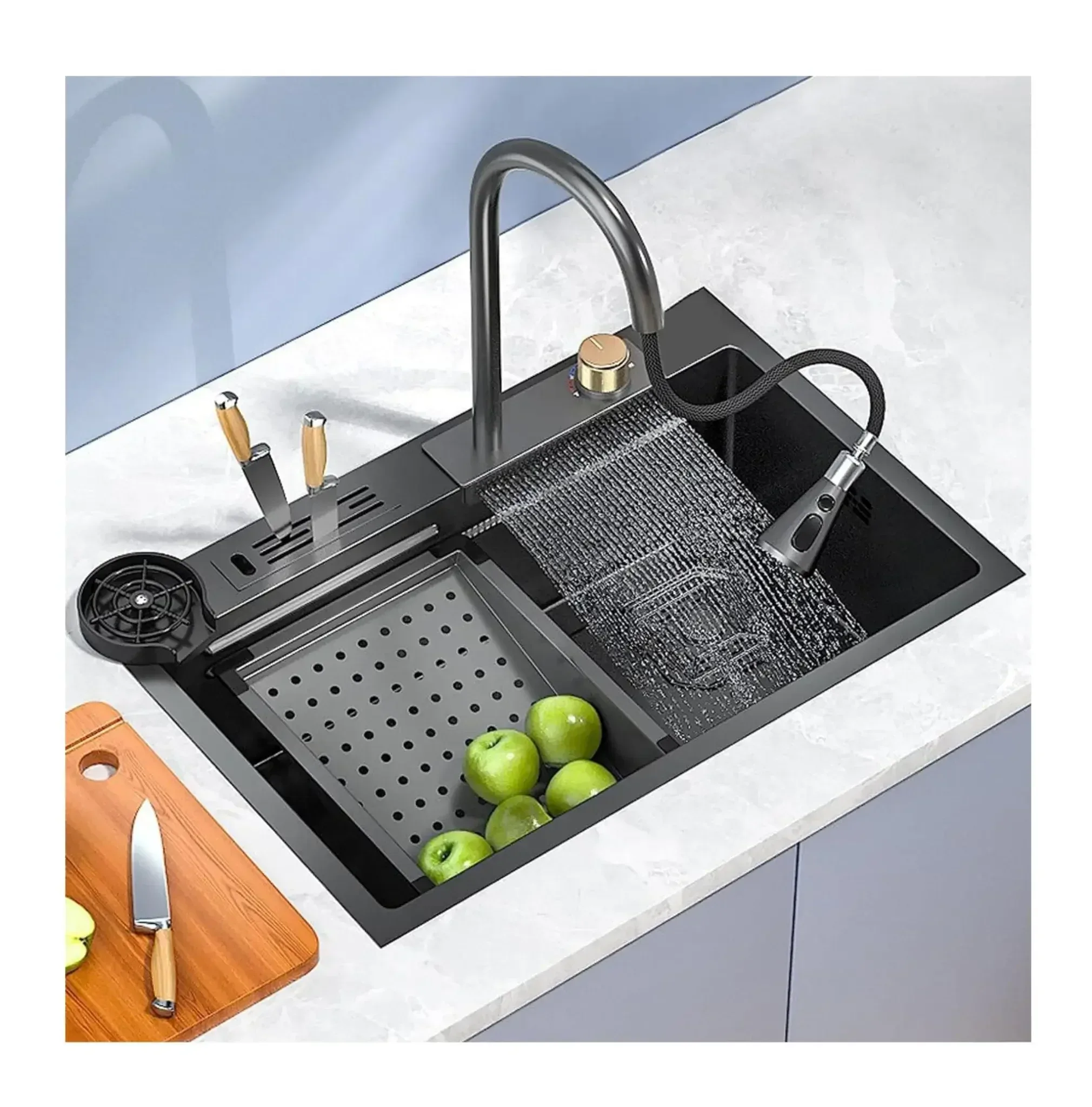 Smart Waterfall (30 x18 x1 0) Inch 304 Stainless Steel Kitchen Sink Black