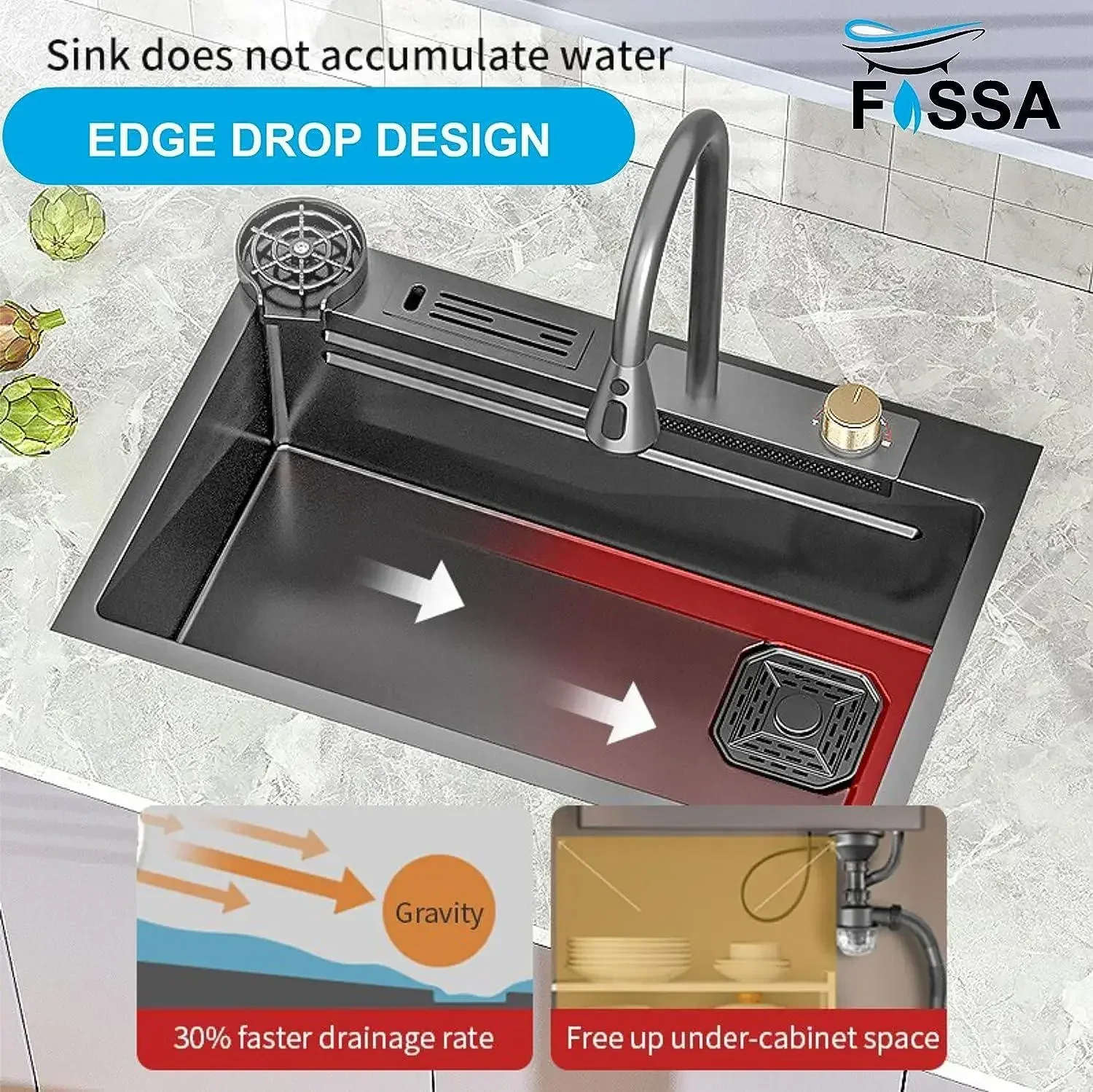 Smart Waterfall (30 x18 x1 0) Inch 304 Stainless Steel Kitchen Sink Black - Image 4