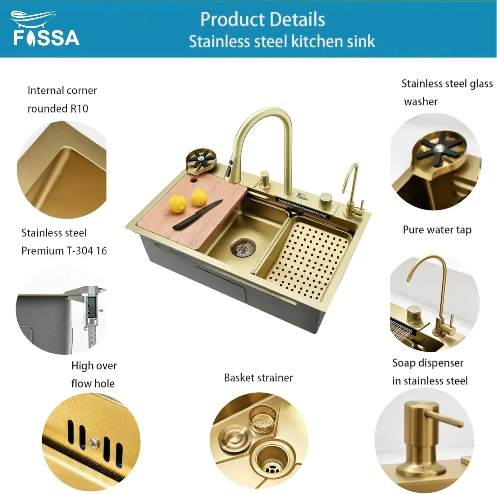 Smart Waterfall (30"x18"x10") Inch 304 Stainless Steel Kitchen Sink Gold - Image 3