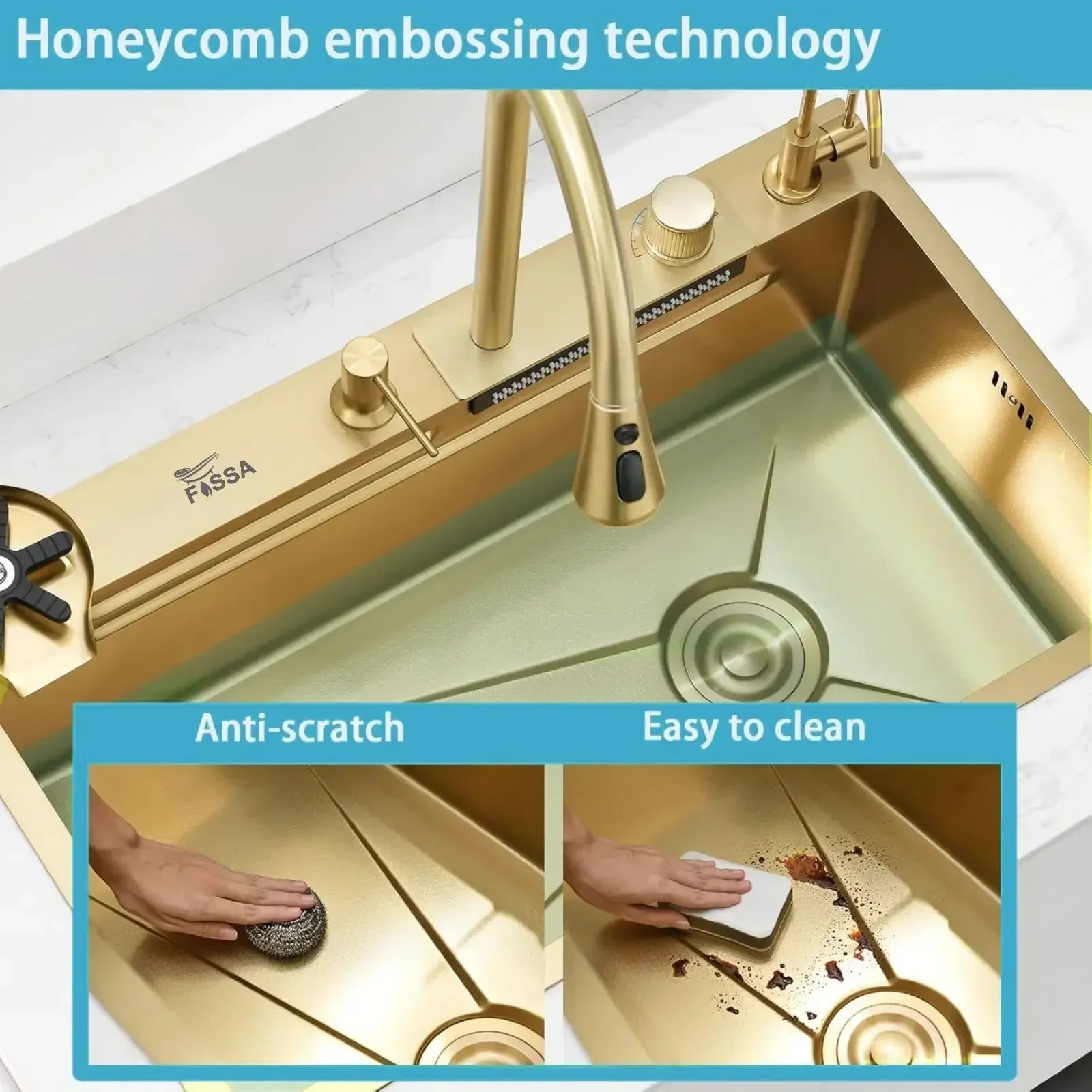 Smart Waterfall (30"x18"x10") Inch 304 Stainless Steel Kitchen Sink Gold - Image 5