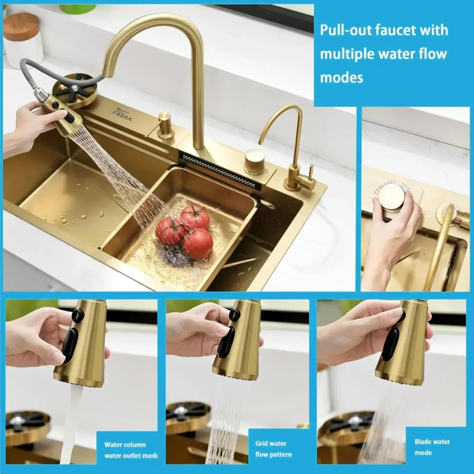 Smart Waterfall (30"x18"x10") Inch 304 Stainless Steel Kitchen Sink Gold - Image 7