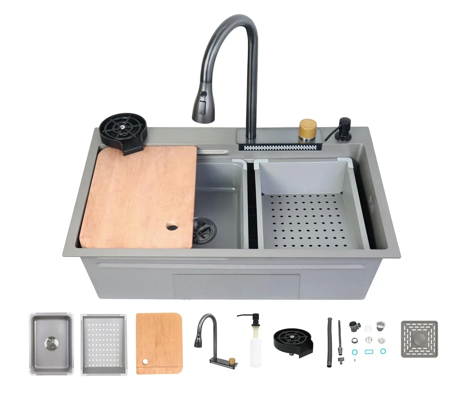 Smart Waterfall (30 x18 x 09 ) Inch 304 Stainless Steel Kitchen Sink Grey