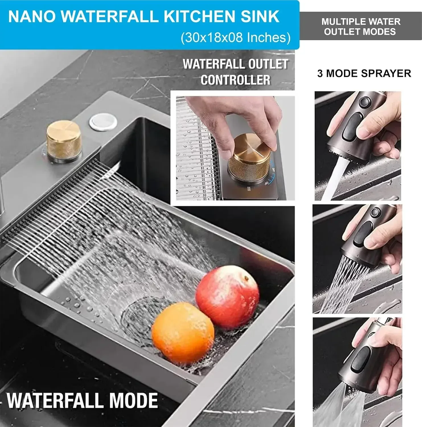 Smart Waterfall (30 x18 x 09 ) Inch 304 Stainless Steel Kitchen Sink Grey - Image 5