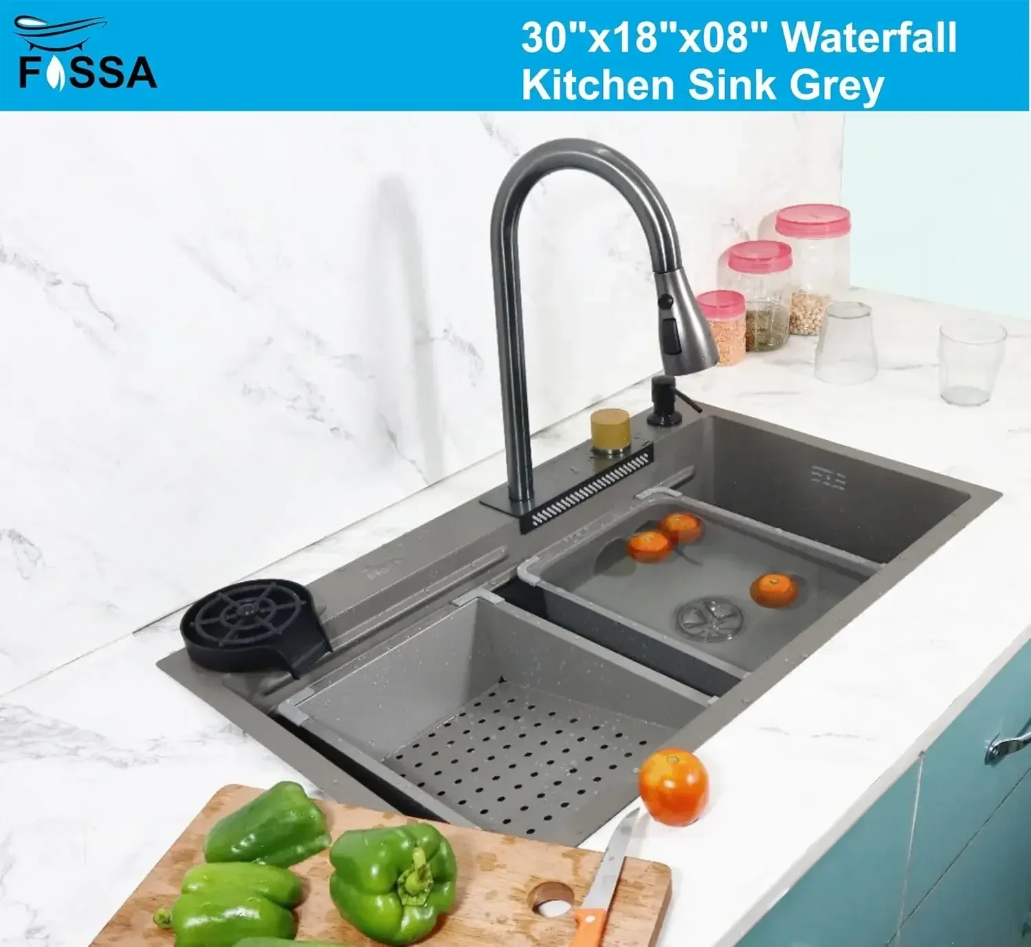Smart Waterfall (30 x18 x 09 ) Inch 304 Stainless Steel Kitchen Sink Grey - Image 7