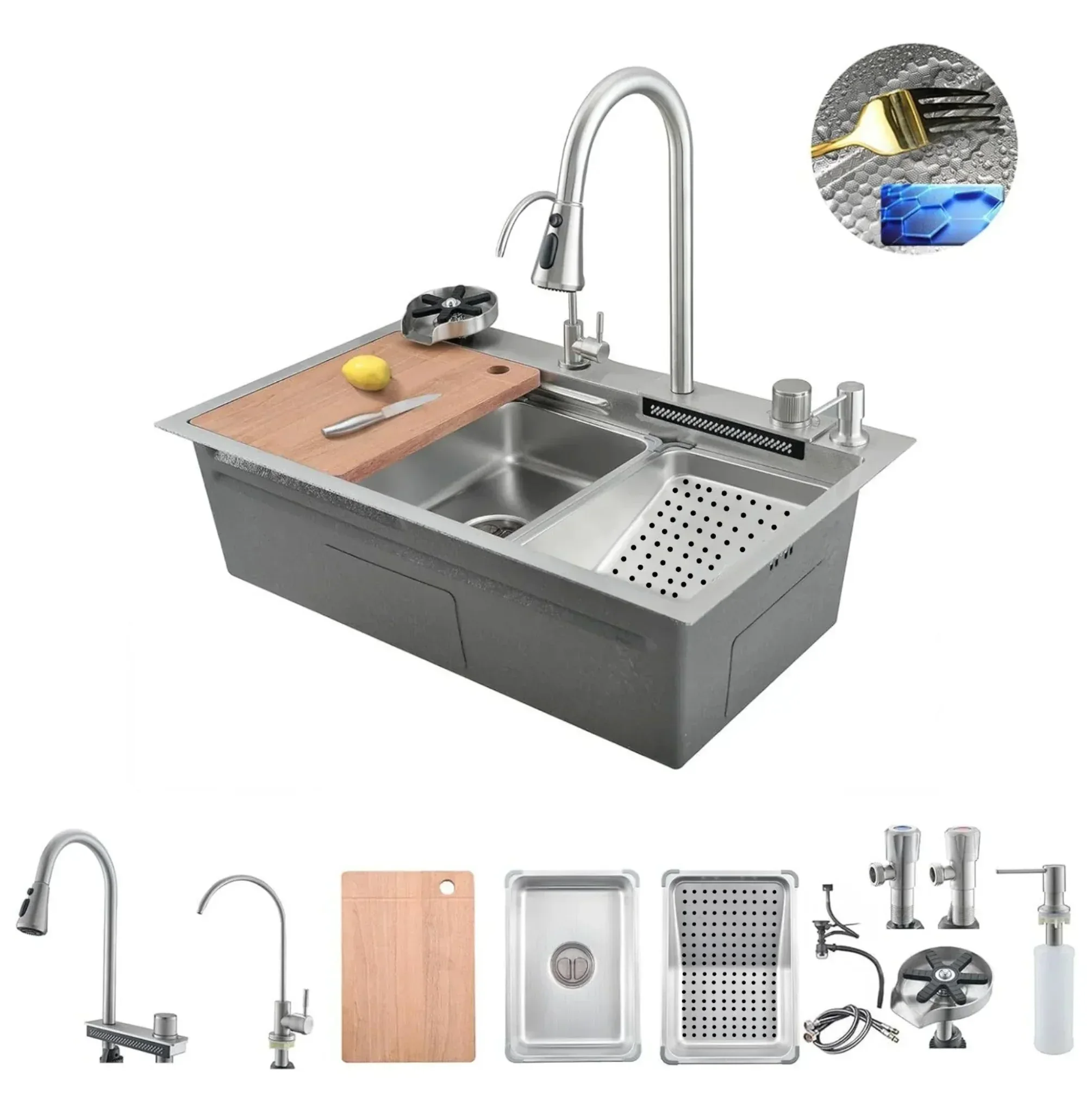 Smart Waterfall (30 x 18 x 10) Inch 304 Stainless Steel Smart Waterfall Kitchen Sink Silver