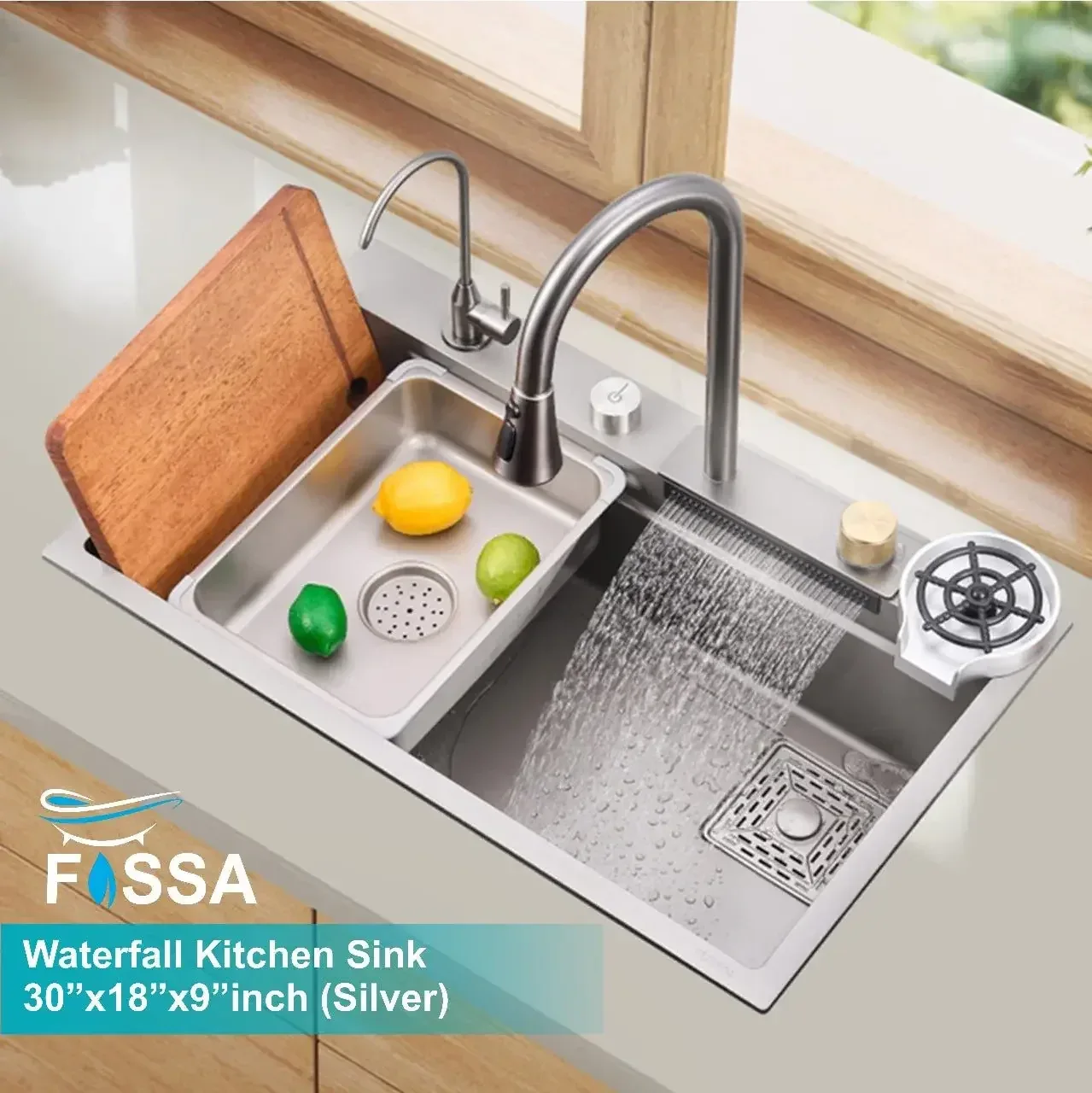 Smart Waterfall (30 x 18 x 10) Inch 304 Stainless Steel Smart Waterfall Kitchen Sink Silver - Image 2