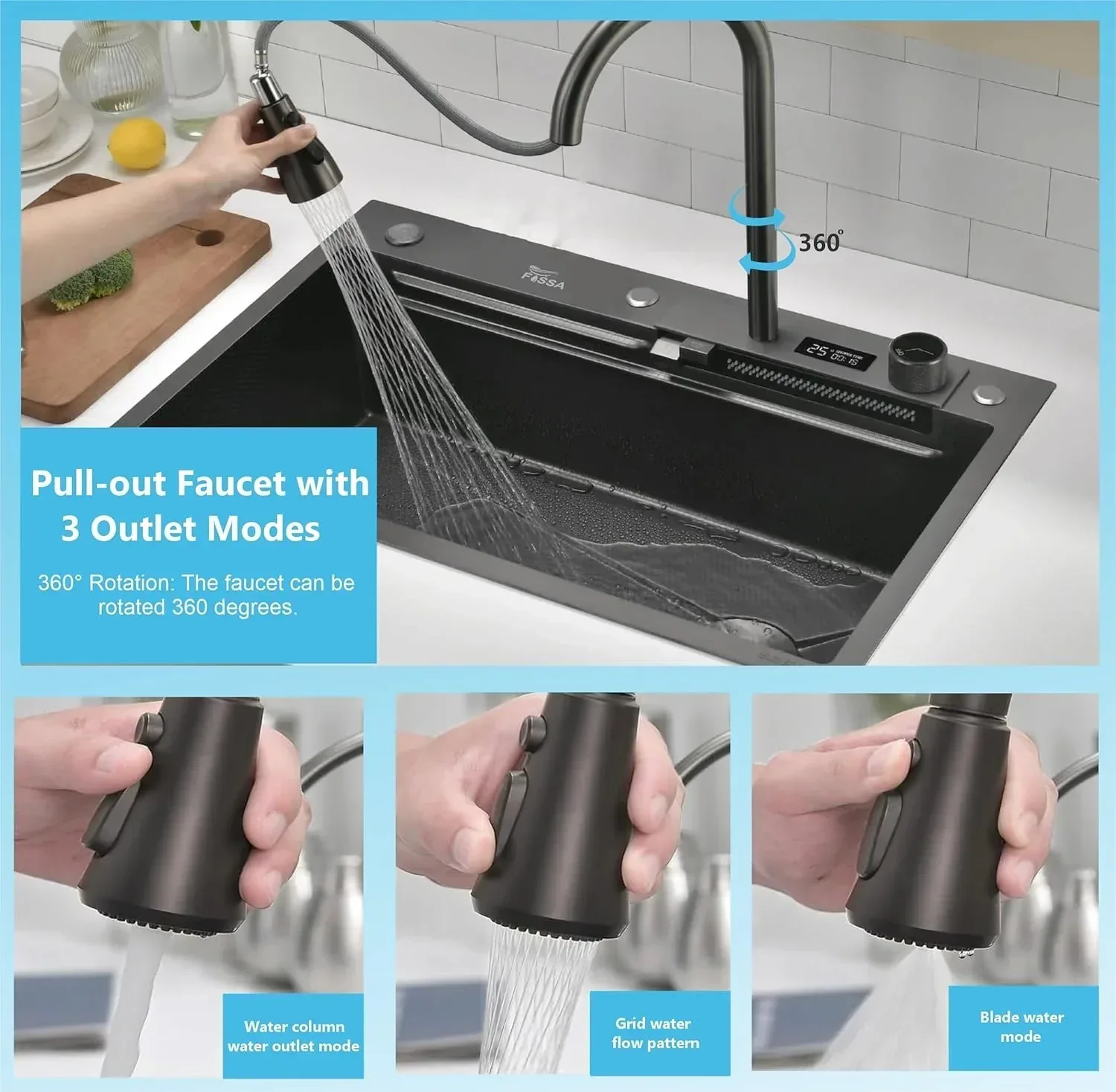 (30 x 18 x 10) Inch Black 304 Piano 2 keys Smart Kitchen Sink - Image 3