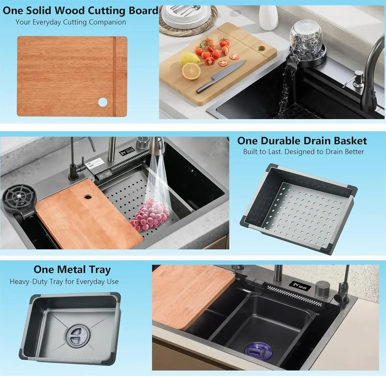 (30 x 18 x 10) Inch Black 304 Piano 2 keys Smart Kitchen Sink - Image 7