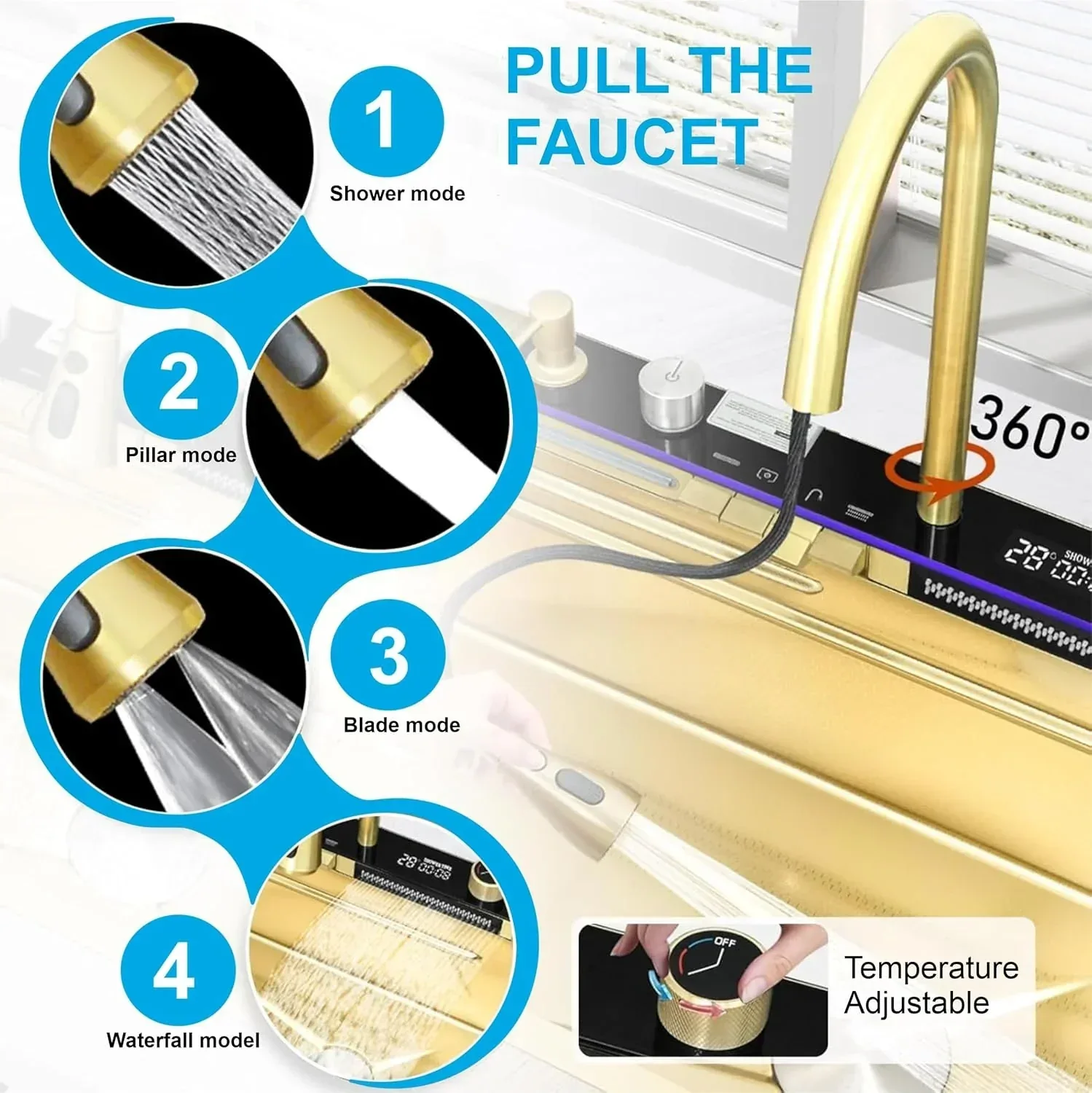 (30 x 18 x 9) Inch Gold  304 Piano 5 keys Smart Kitchen Sink - Image 2