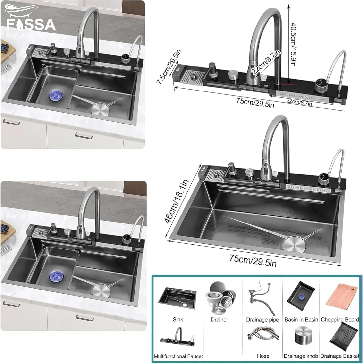 (30 x 18 x 10) Inch Premium Piano 5 Keys Smart Kitchen Sink Black - Image 2