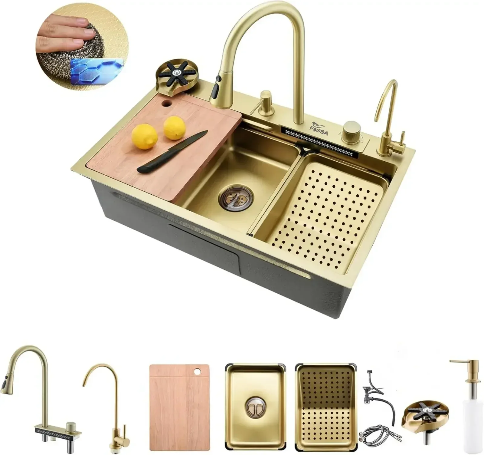Smart Waterfall (30 x 18 x 10 ) Inch Premium Stainless Steel Kitchen Sink Gold