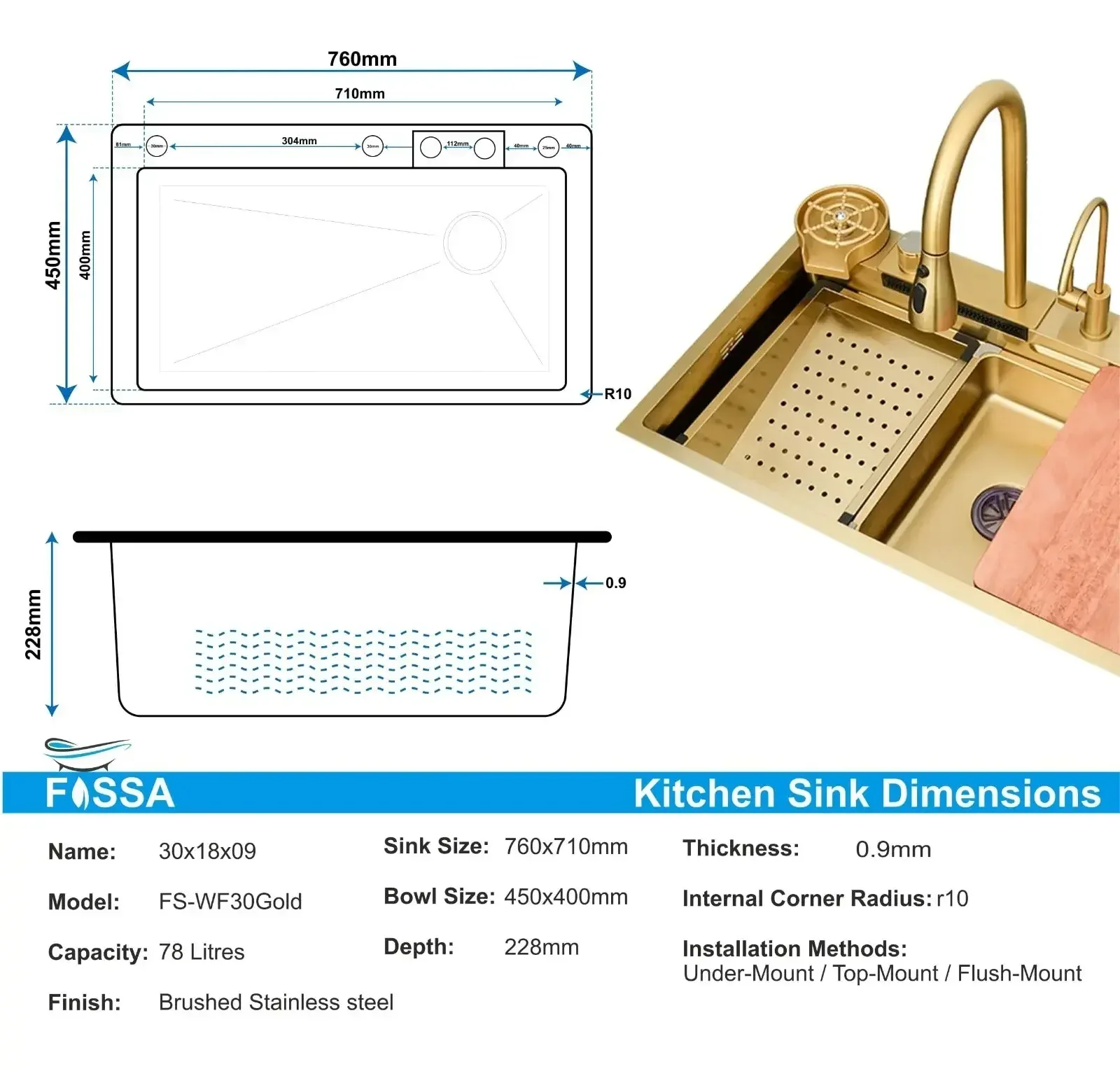 Smart Waterfall (30 x 18 x 10 ) Inch Premium Stainless Steel Kitchen Sink Gold - Image 2