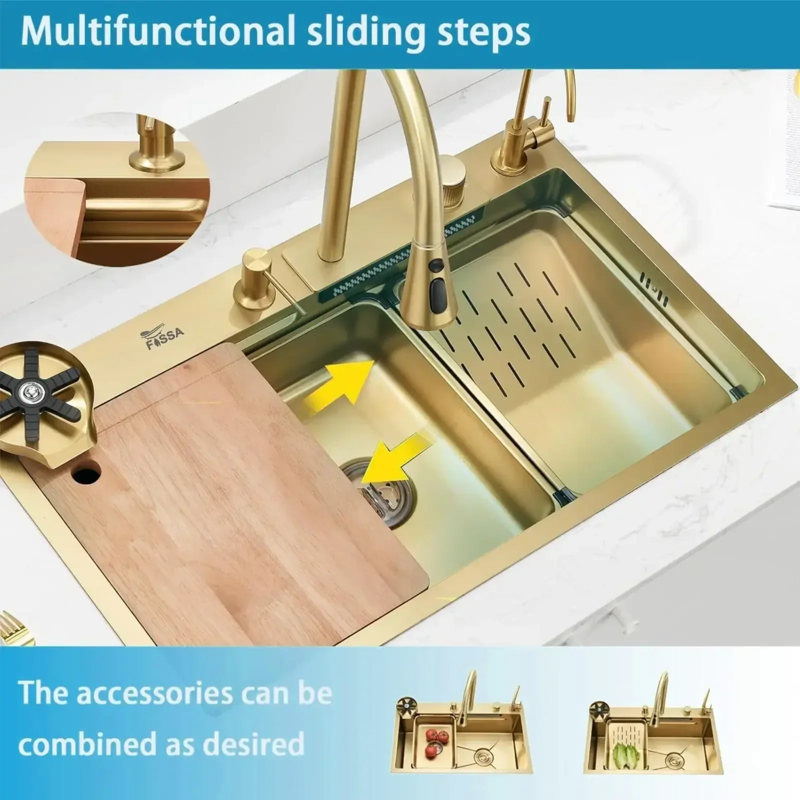 Smart Waterfall (30 x 18 x 10 ) Inch Premium Stainless Steel Kitchen Sink Gold - Image 4