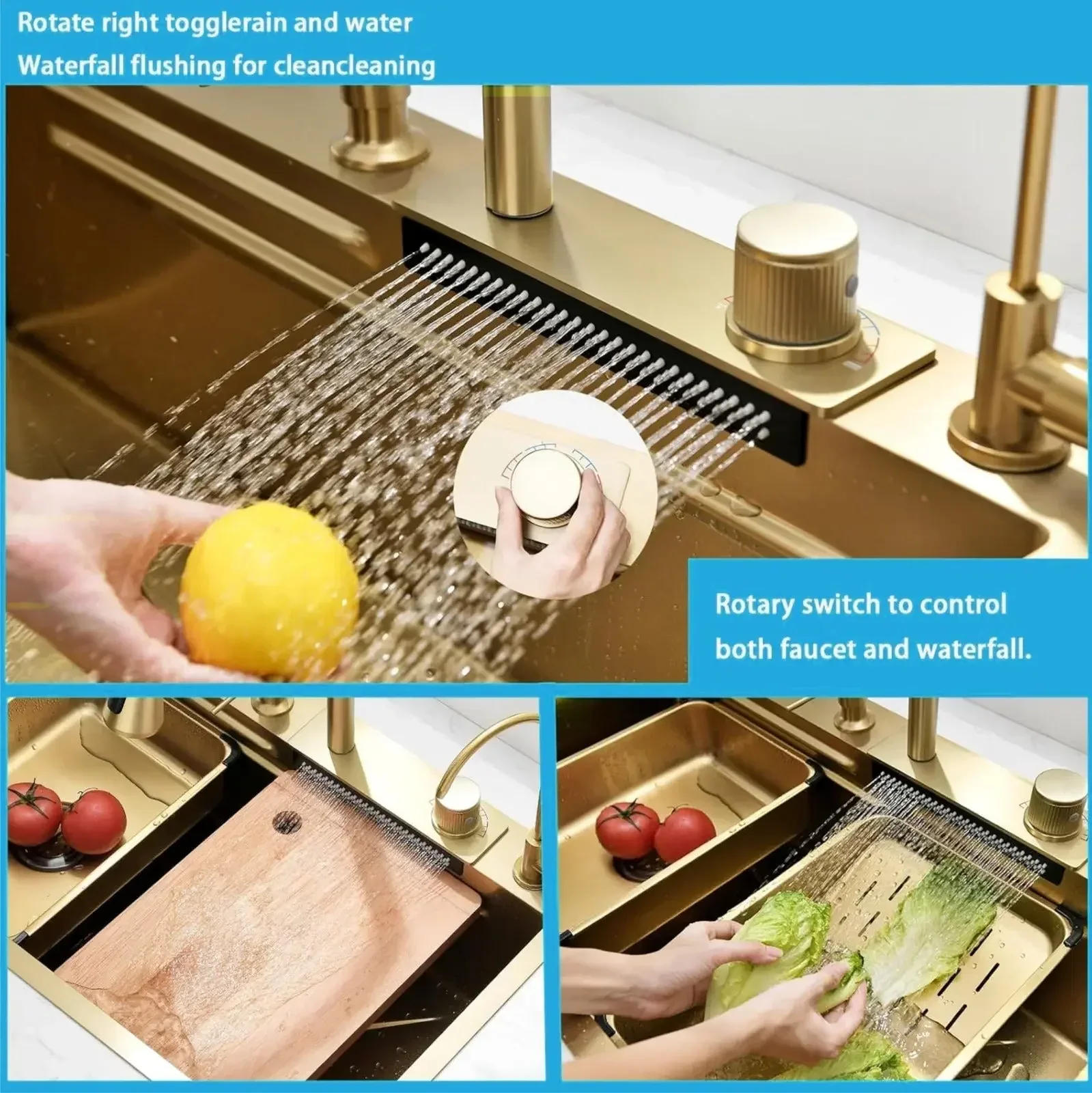 Smart Waterfall (30 x 18 x 10 ) Inch Premium Stainless Steel Kitchen Sink Gold - Image 7