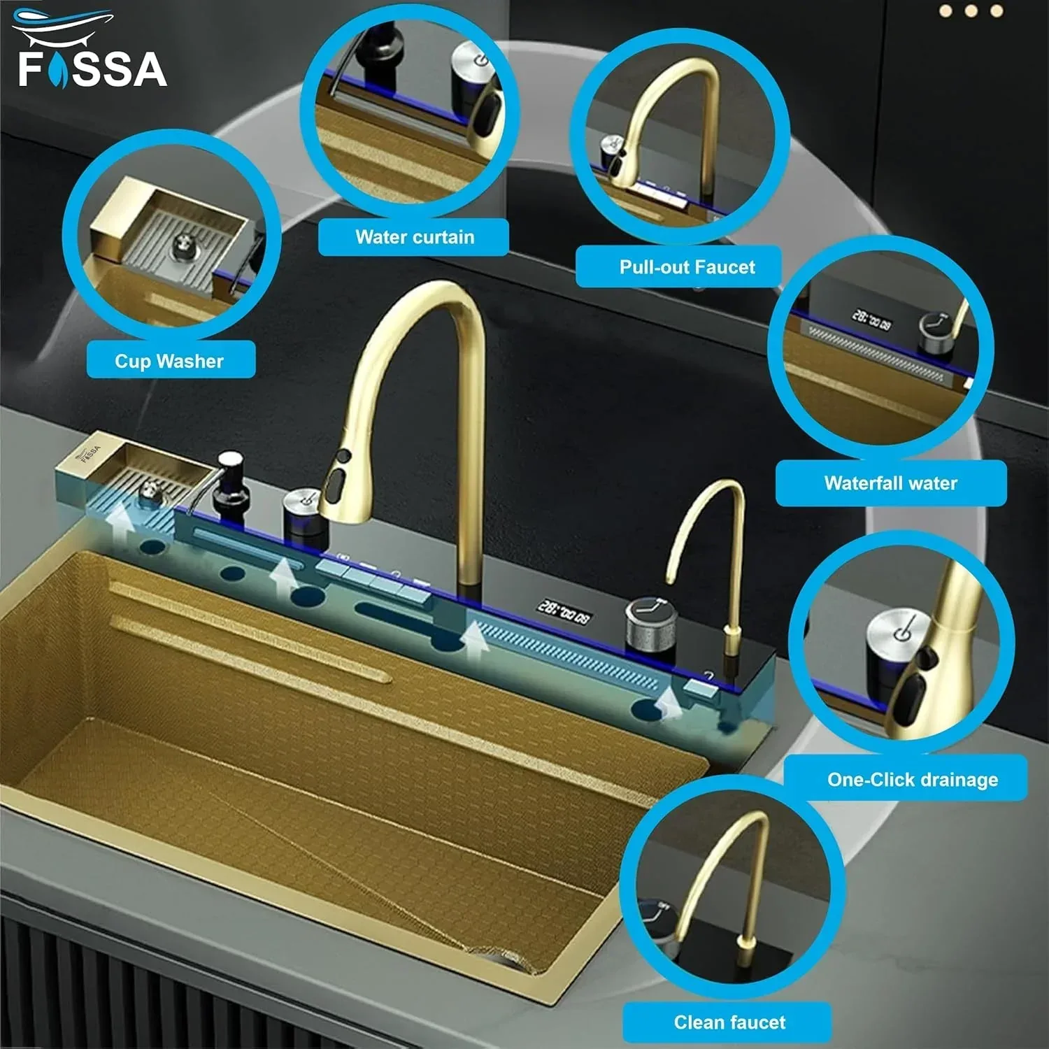 Smart Piano Waterfall (30"x18"x09") Inch Premium 5 keys Stainless Steel Kitchen Sink Gold - Image 3