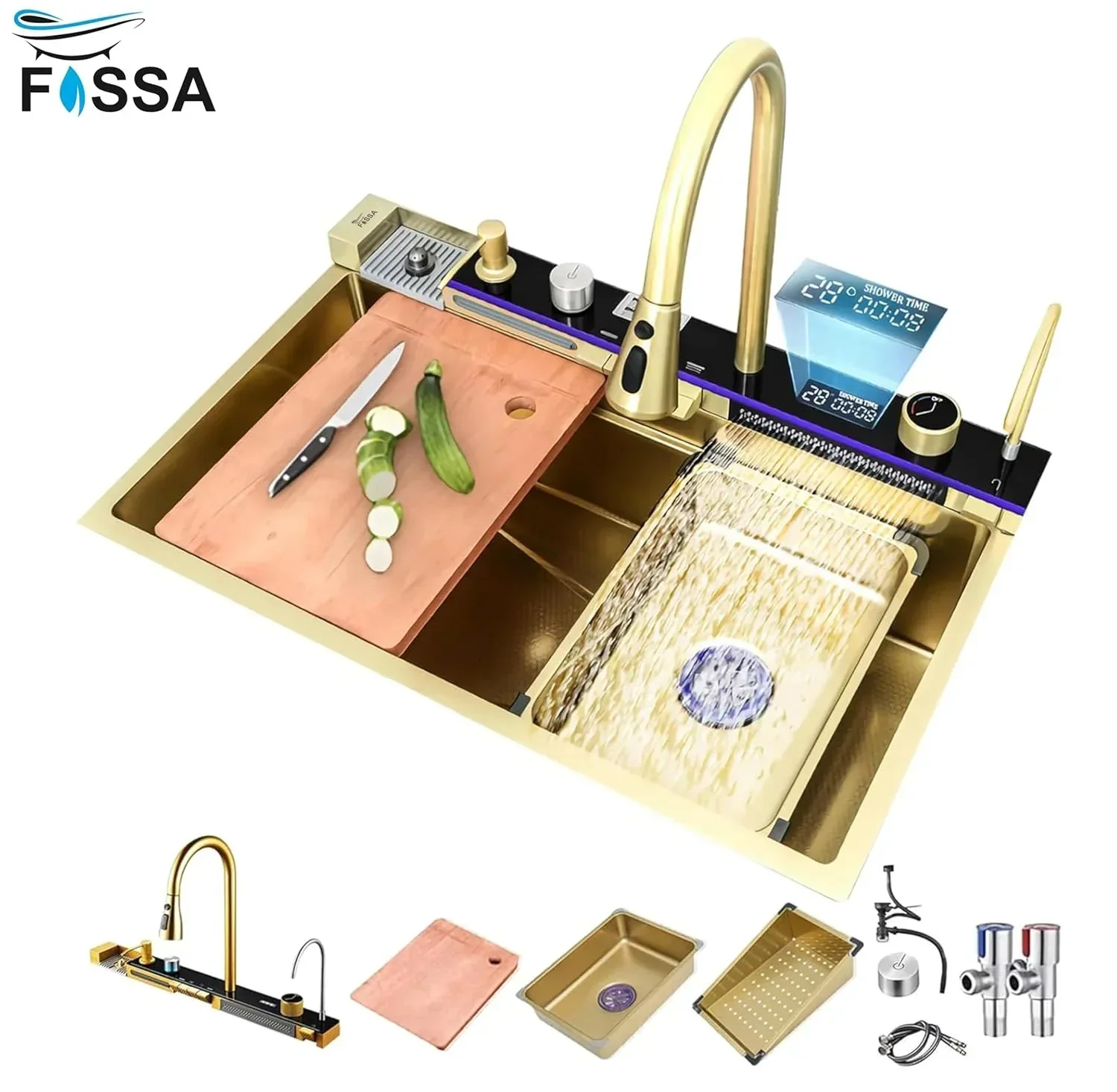 Smart Piano Waterfall (30"x18"x09") Inch Premium 5 keys Stainless Steel Kitchen Sink Gold - Image 5