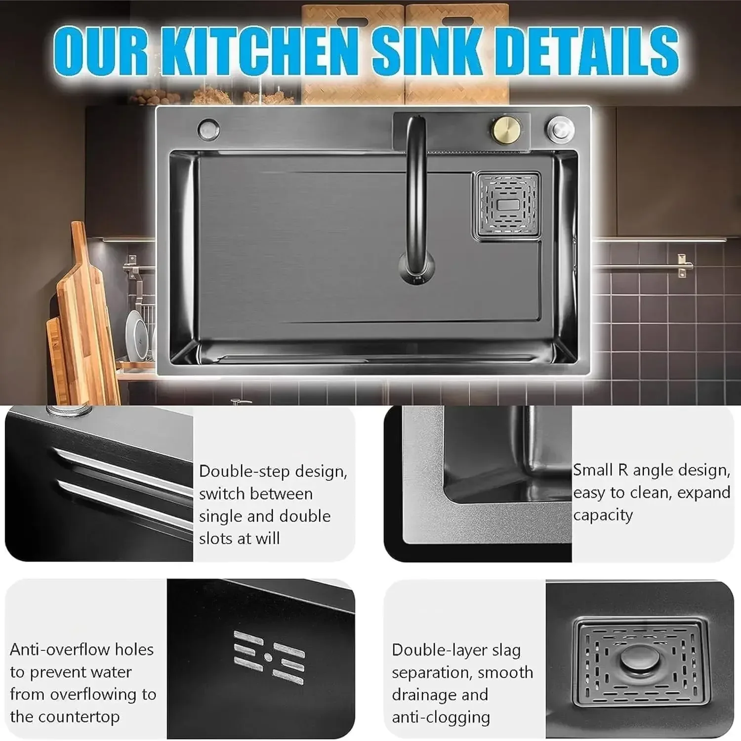 Smart Waterfall (30 x18 x 9) Inch Premium Stainless Steel Kitchen Sink Grey - Image 4