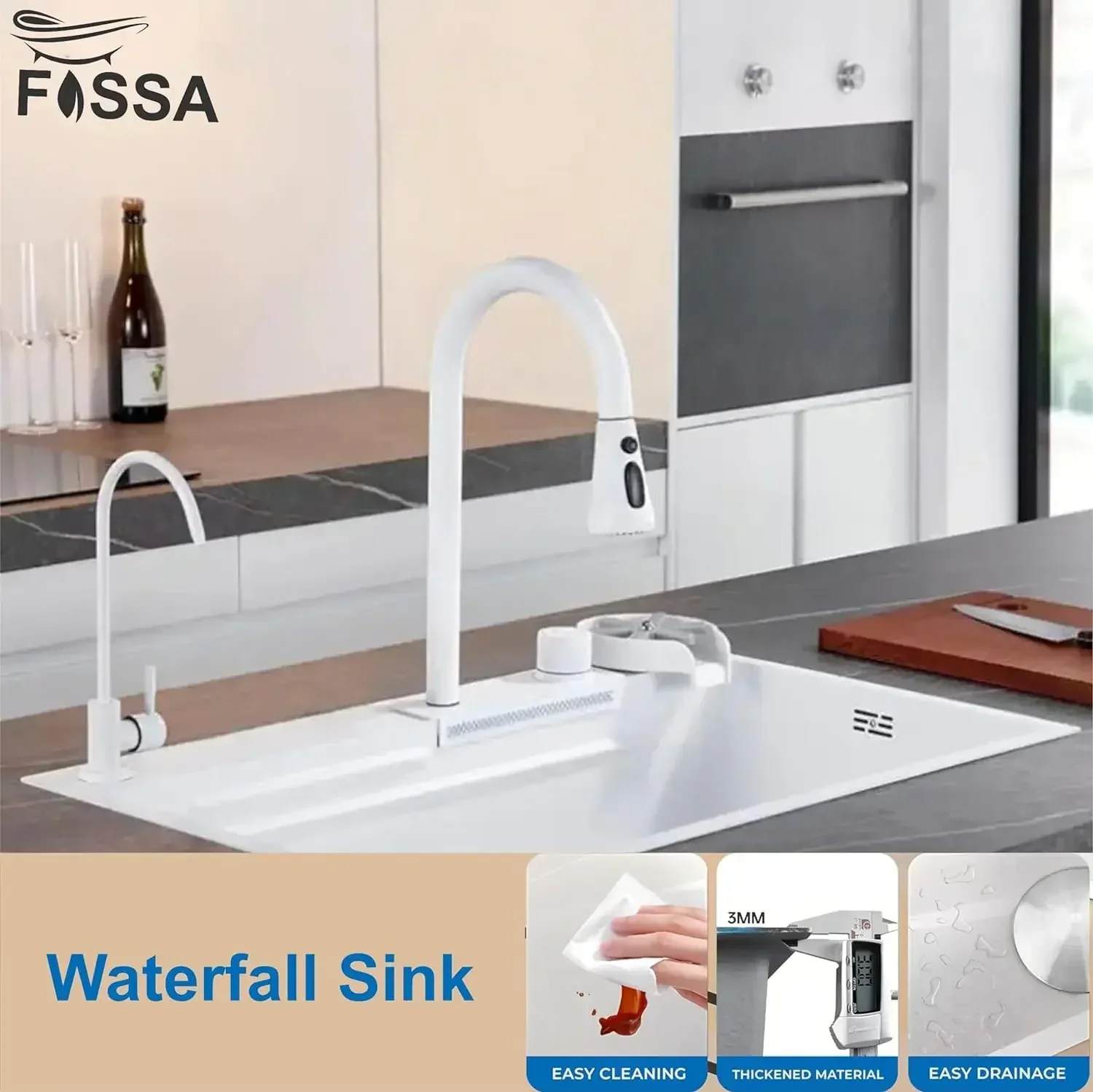 Smart Waterfall (30 x 18 x 10 ) Inch Premium Stainless Steel Kitchen Sink White - Image 9