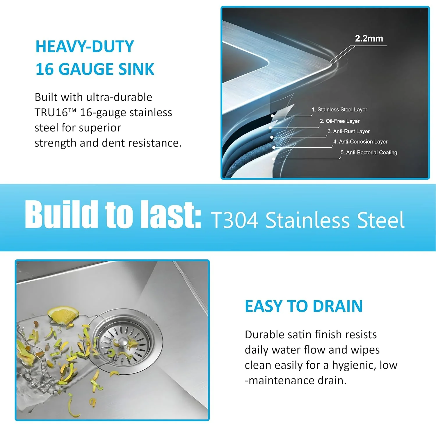 Aqua 304 Handmade (21 x 18 x 09 ) Inch SS Single Bowl Tap Hole Round Coupling Silver Kitchen Sink - Image 4