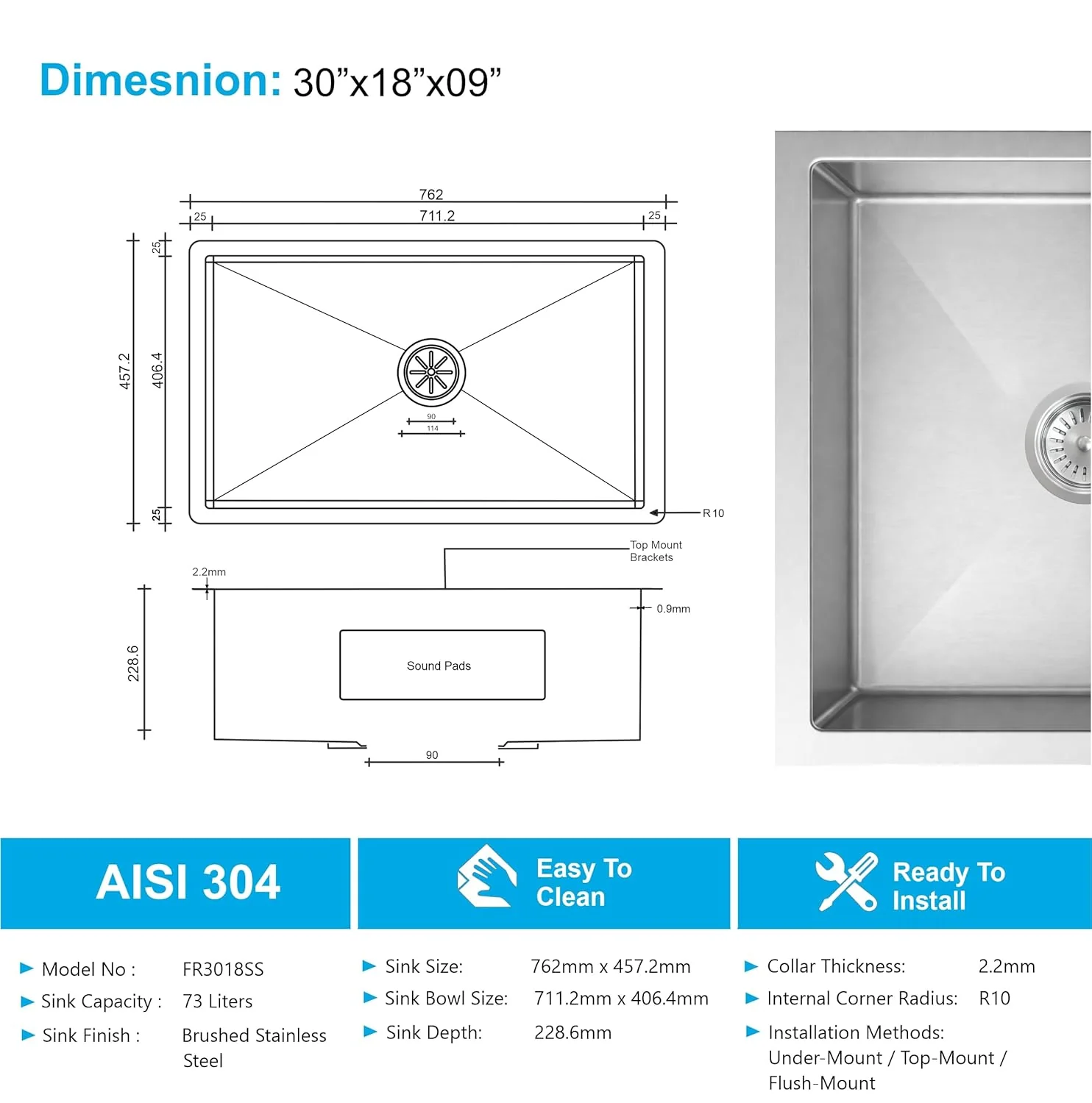 Aqua 304 Handmade (30 x 18 x 09 ) Inch SS Round Coupling Single Bowl Silver Kitchen Sink - Image 2