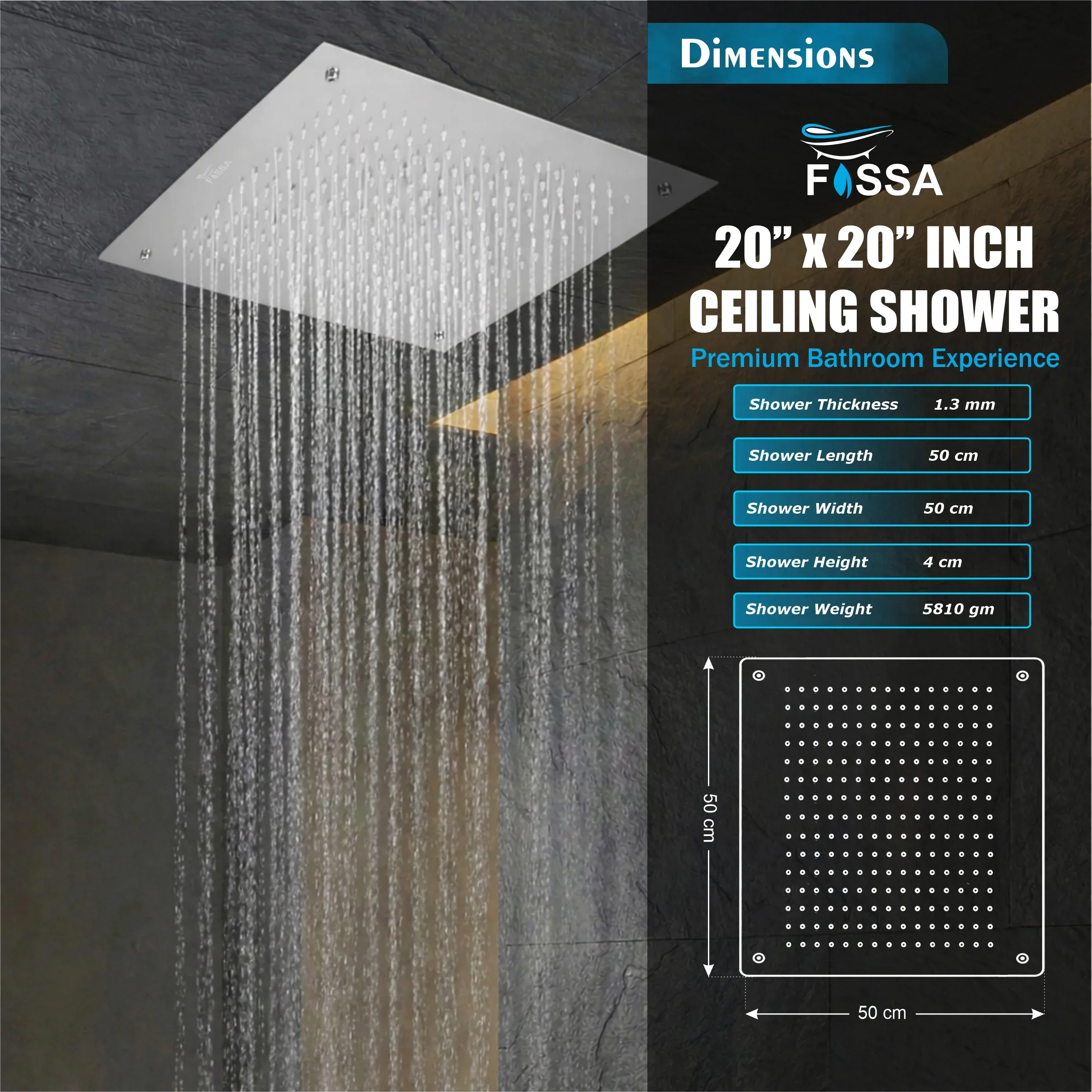 304 Stainless Steel Ceiling Overhead Shower (20x20 Inch) - Image 2