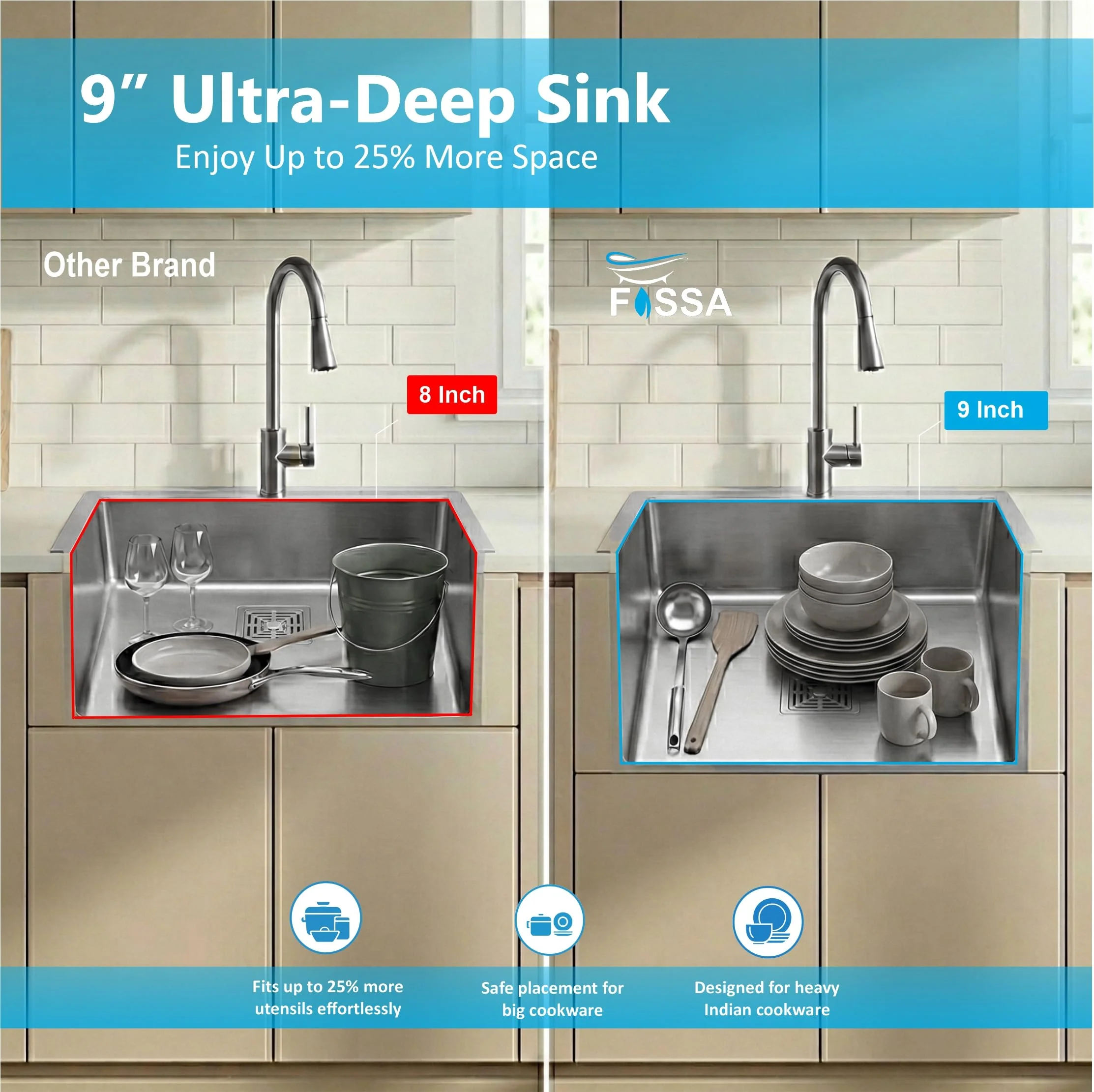 Aqua 304 Handmade (30 x 18 x 09 ) Inch SS Single Bowl Tap Hole Square Coupling Silver Kitchen Sink - Image 5