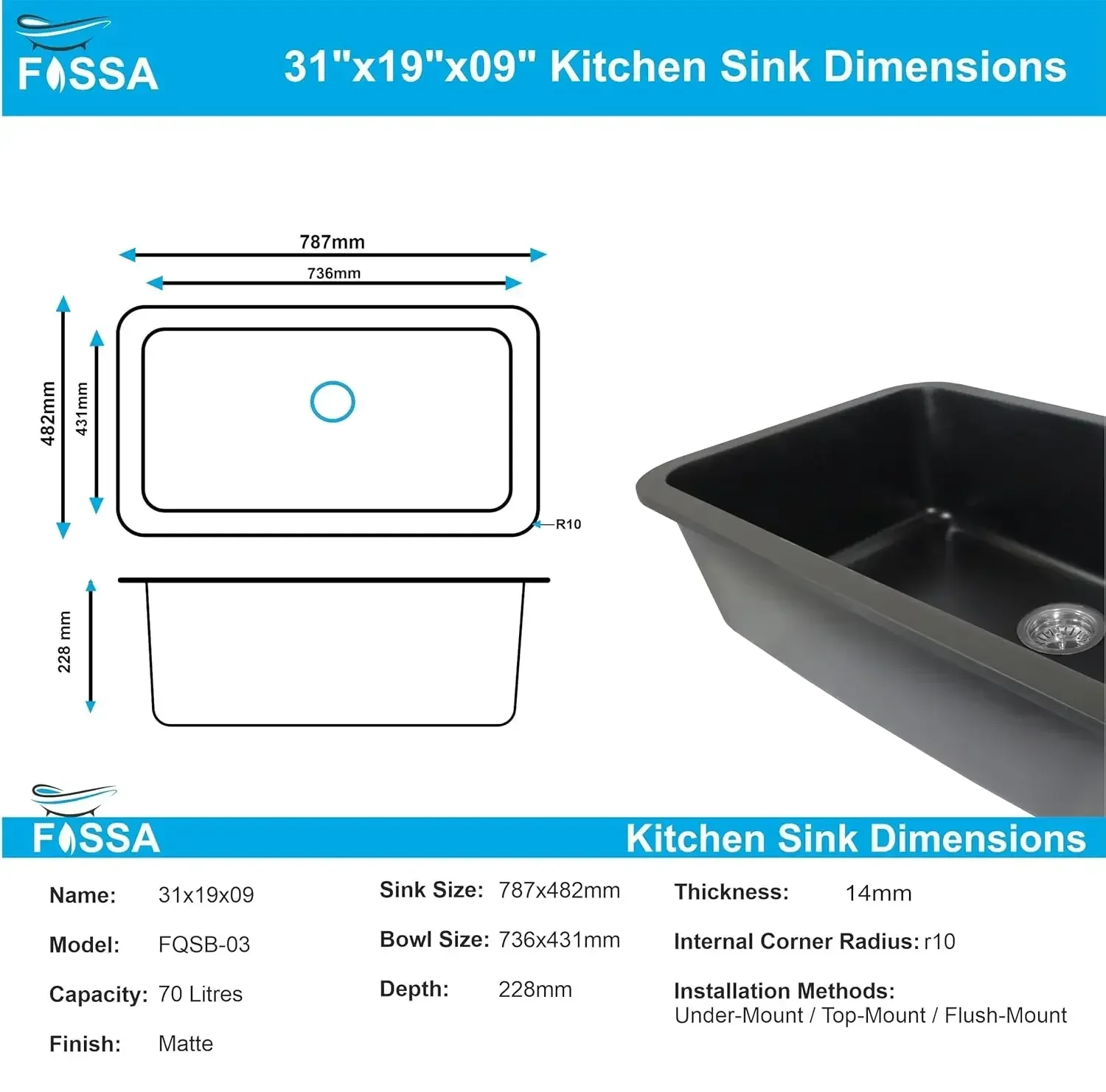 Quartz Kitchen Sink Single Bowl Black (31×19x9 Inches) – 10-Year Warranty - Image 2