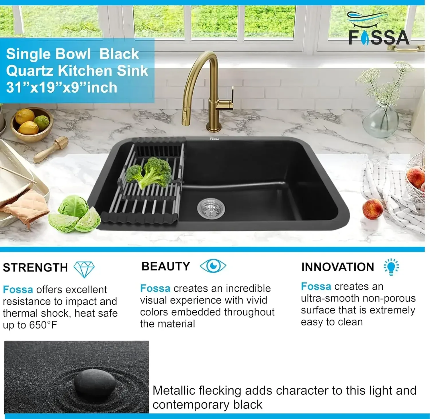 Quartz Kitchen Sink Single Bowl Black (31×19x9 Inches) – 10-Year Warranty - Image 6