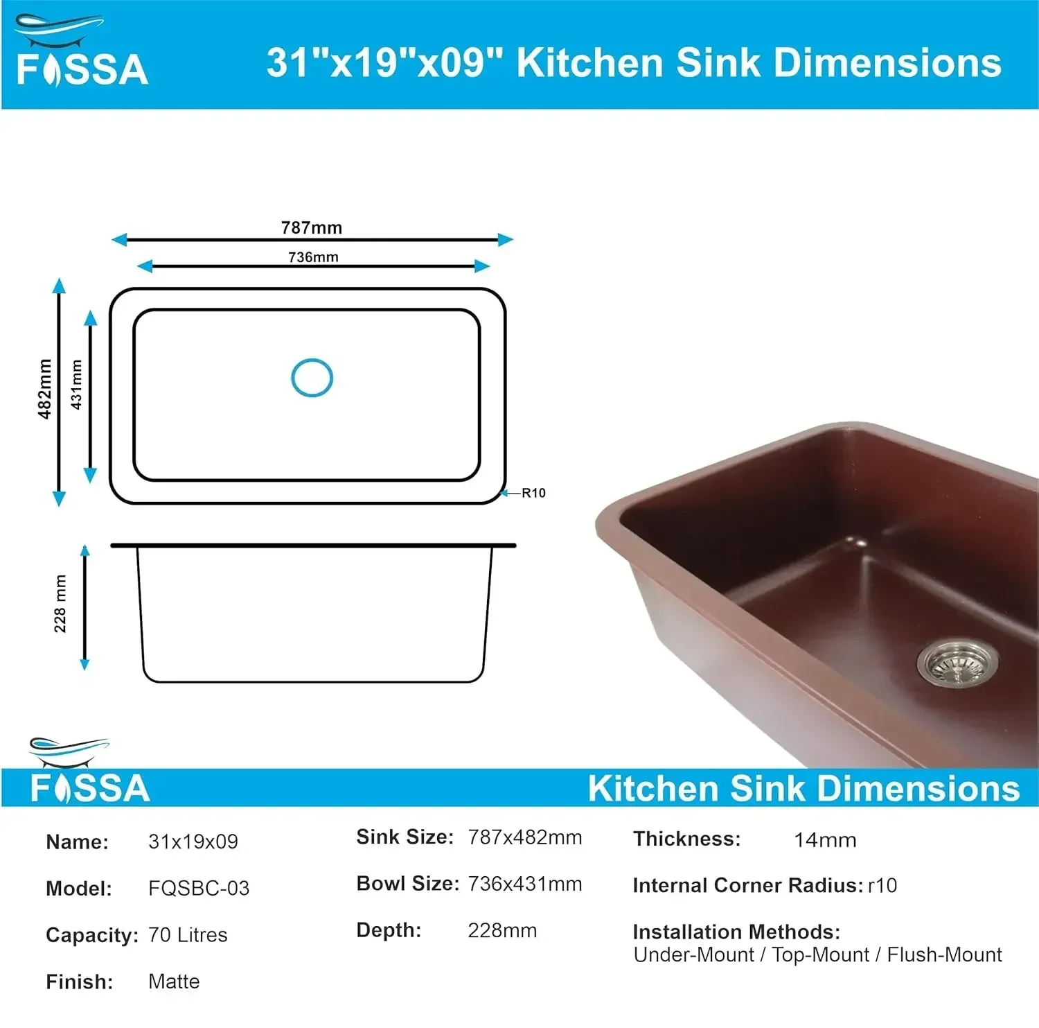 Quartz Kitchen Sink Single Bowl  Brown (31×19x9 Inches) – 10-Year Warranty - Image 2