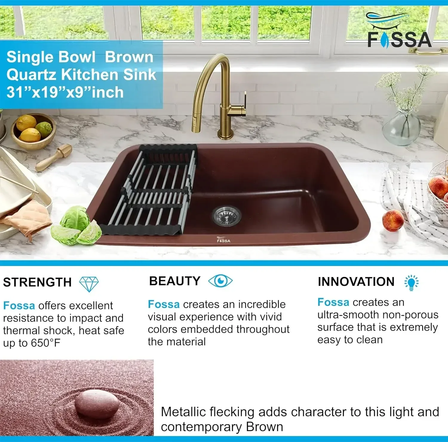 Quartz Kitchen Sink Single Bowl  Brown (31×19x9 Inches) – 10-Year Warranty - Image 5