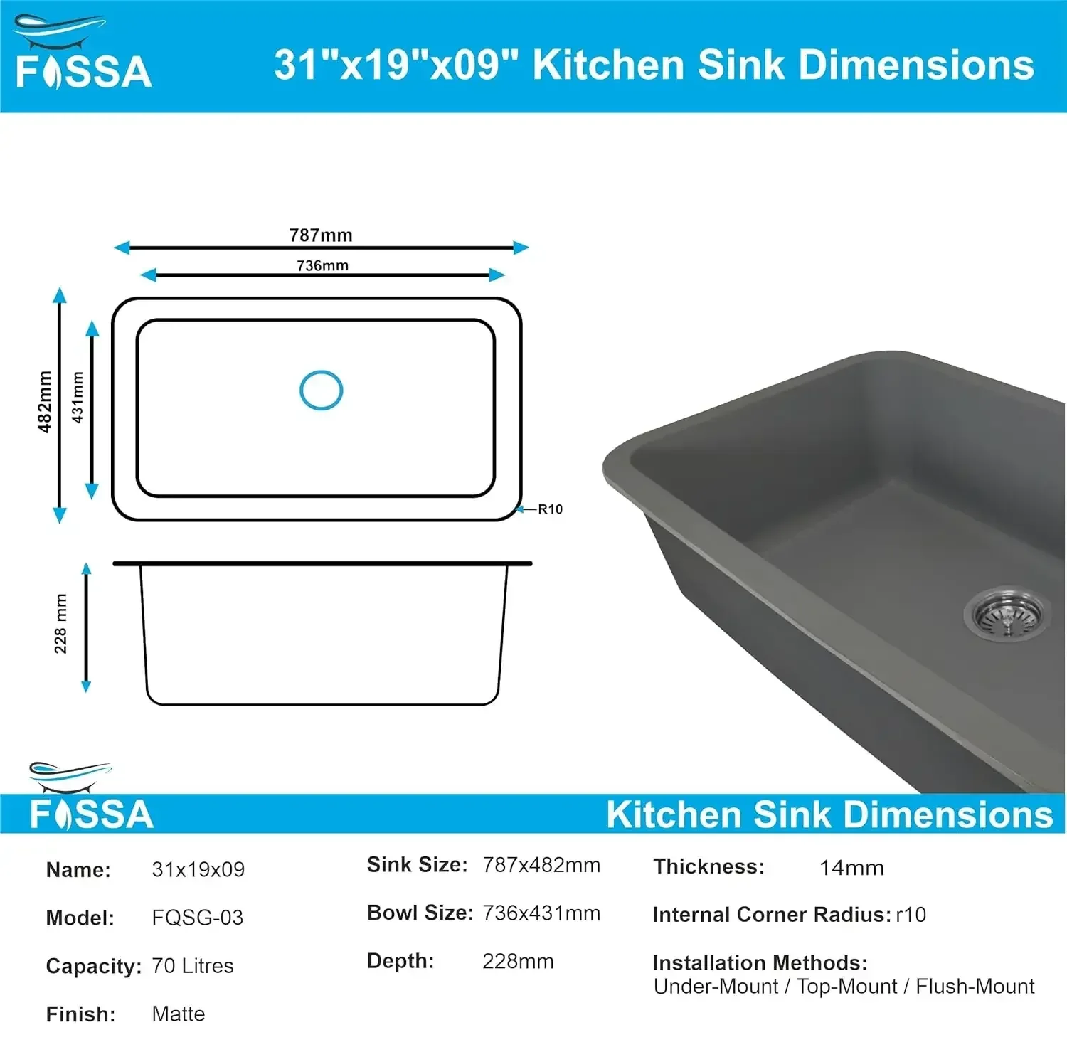 Quartz Kitchen Sink Single Bowl Grey (31x19x9 Inches) – 10-Year Warranty - Image 2