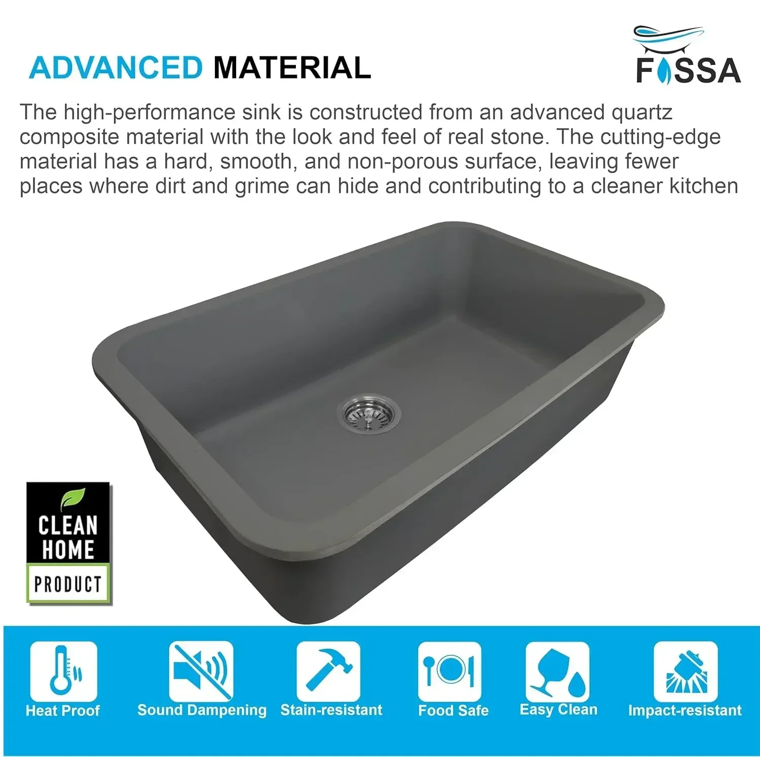 Quartz Kitchen Sink Single Bowl Grey (31x19x9 Inches) – 10-Year Warranty - Image 3