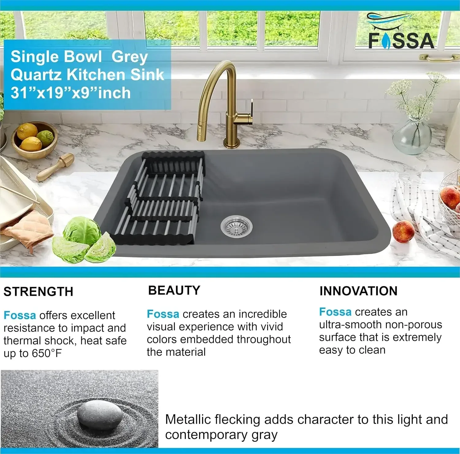 Quartz Kitchen Sink Single Bowl Grey (31x19x9 Inches) – 10-Year Warranty - Image 6