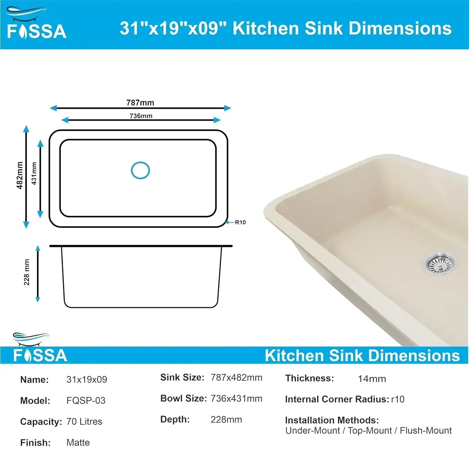 Quartz Kitchen Sink Single Bowl Peach Ivory (31×19x9 Inches) – 10-Year Warranty - Image 2