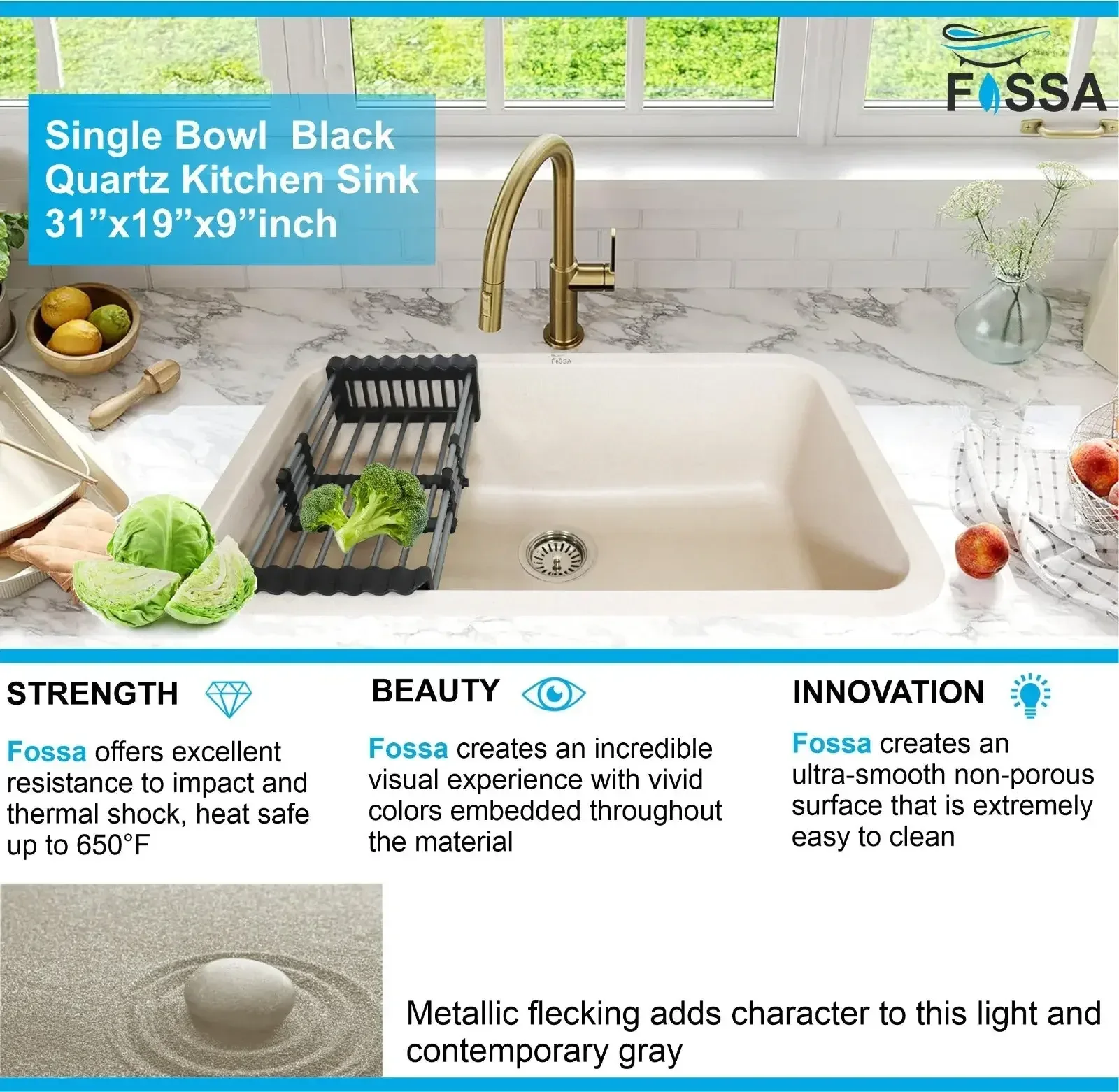 Quartz Kitchen Sink Single Bowl Peach Ivory (31×19x9 Inches) – 10-Year Warranty - Image 8