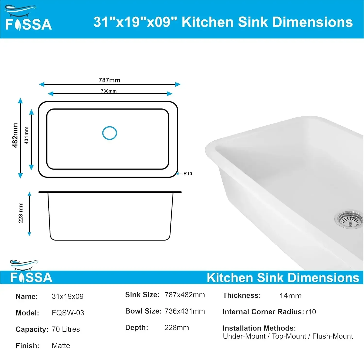 Quartz Kitchen Sink Single Bowl White (31x19x9 Inches) – 10-Year Warranty - Image 2