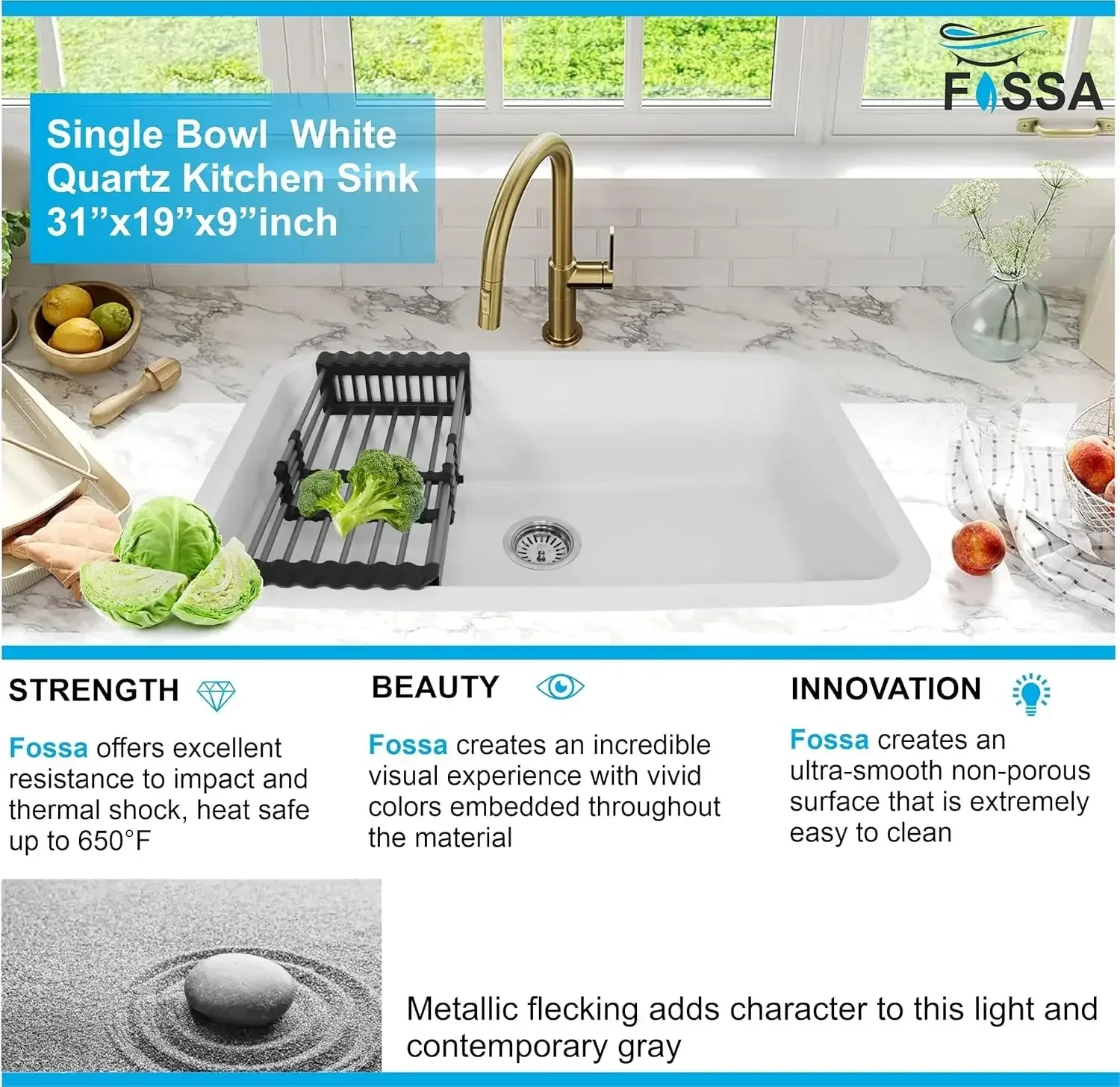 Quartz Kitchen Sink Single Bowl White (31x19x9 Inches) – 10-Year Warranty - Image 6