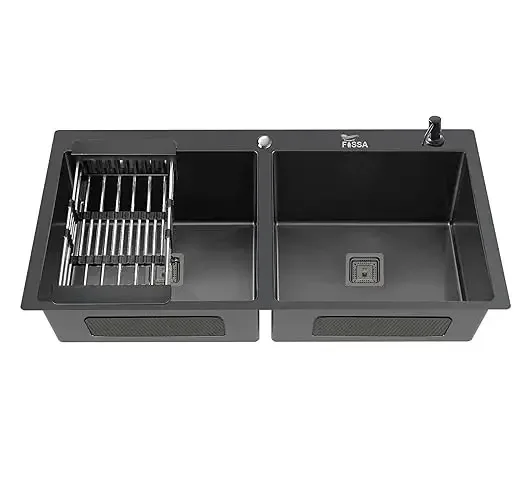 Premium Handmade (32"x18"x10") Inch Stainless Steel Double Bowl Black Kitchen Sink With Tap Hole