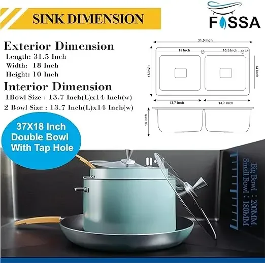 Premium Handmade (32"x18"x10") Inch Stainless Steel Double Bowl Black Kitchen Sink With Tap Hole - Image 2