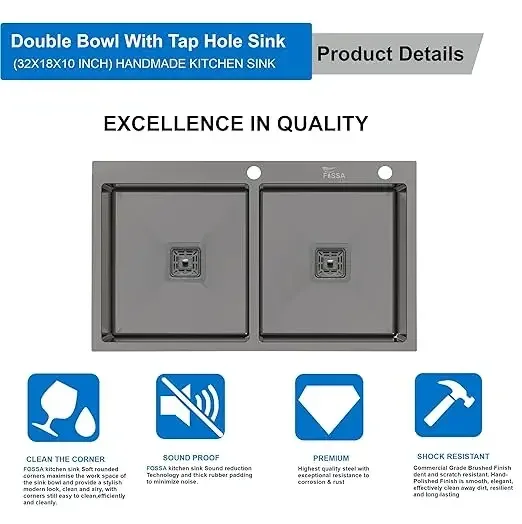 Premium Handmade (32"x18"x10") Inch Stainless Steel Double Bowl Black Kitchen Sink With Tap Hole - Image 3