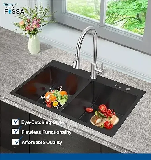 Premium Handmade (32"x18"x10") Inch Stainless Steel Double Bowl Black Kitchen Sink With Tap Hole - Image 6
