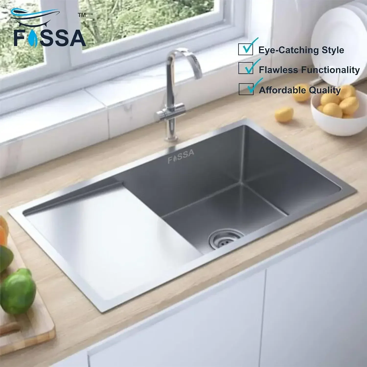 304 silver Single Bowl with Drain Board Handmade Kitchen Sink (32"x20"x10") - Image 4
