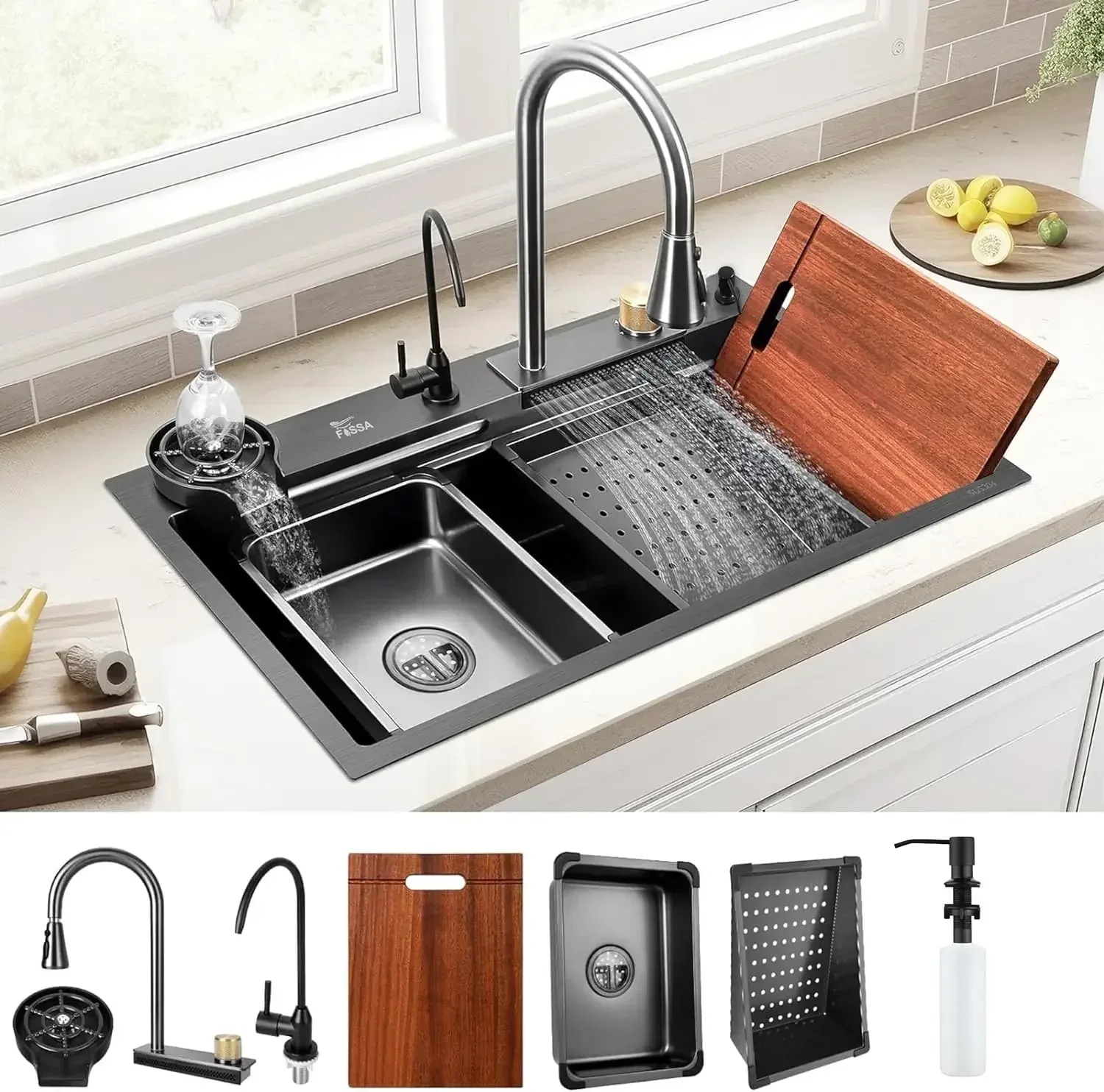 Waterfall Kitchen (32 x18 x10') Inch 304 Stainless Steel Kitchen Sink Black