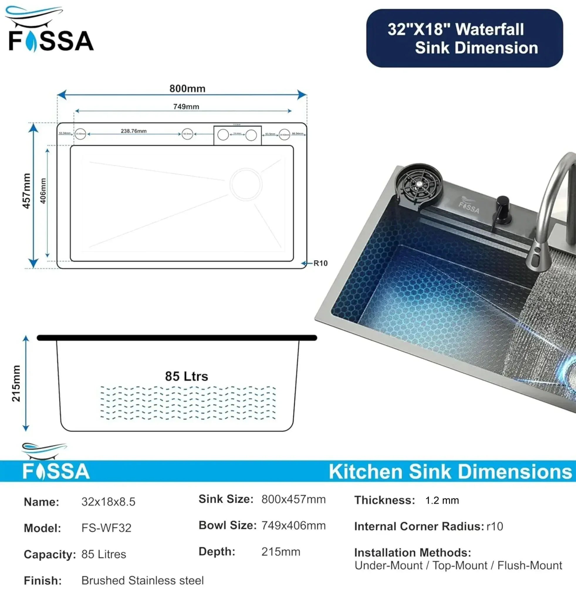 Waterfall Kitchen (32 x18 x10') Inch 304 Stainless Steel Kitchen Sink Black - Image 2