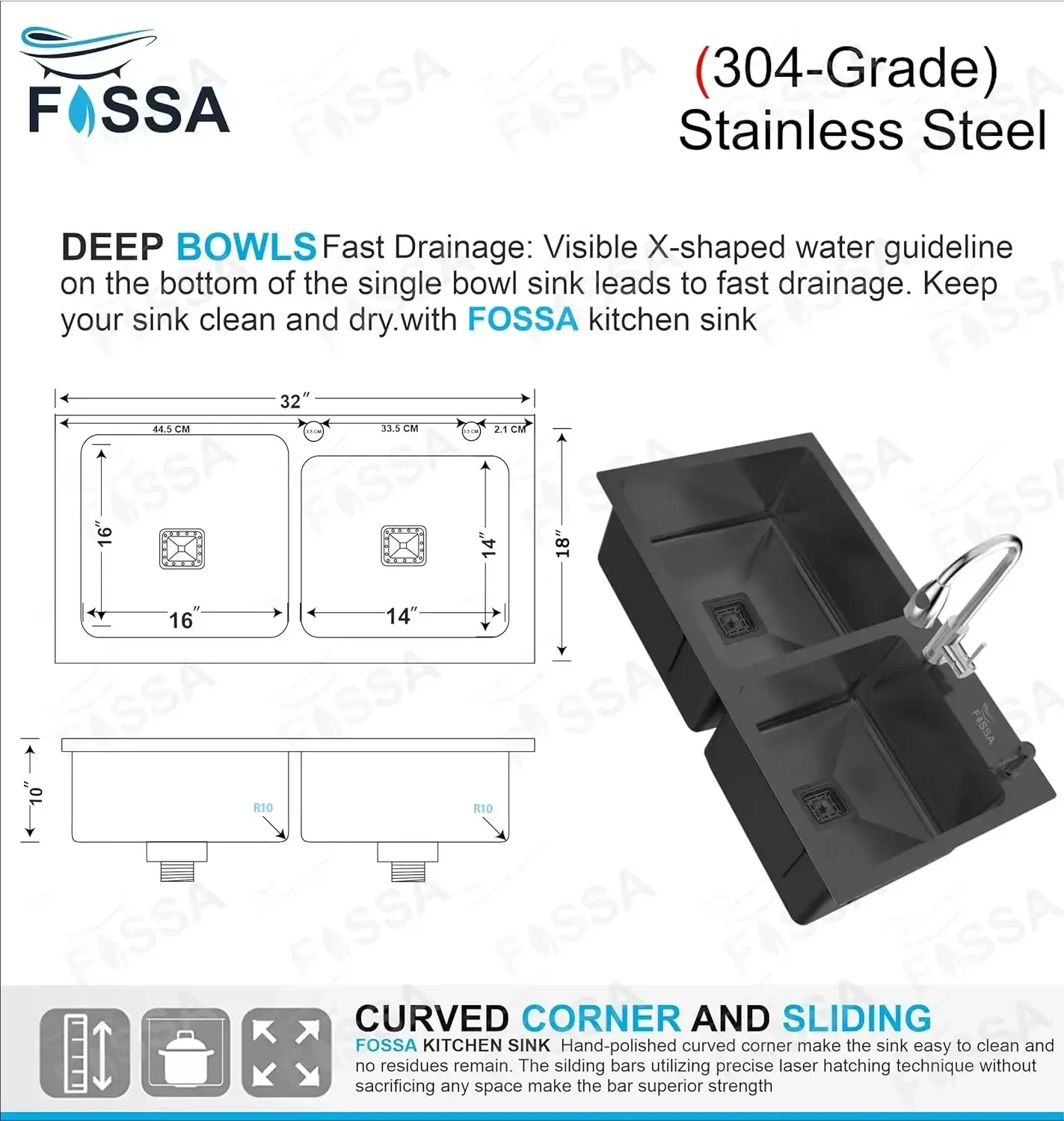 304 Handmade (32x18x10) Inch Stainless Steel Double Bowl Black Kitchen Sink With Tap Hole - Image 2