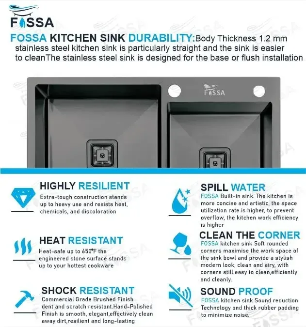 304 Handmade (32x18x10) Inch Stainless Steel Double Bowl Black Kitchen Sink With Tap Hole - Image 3